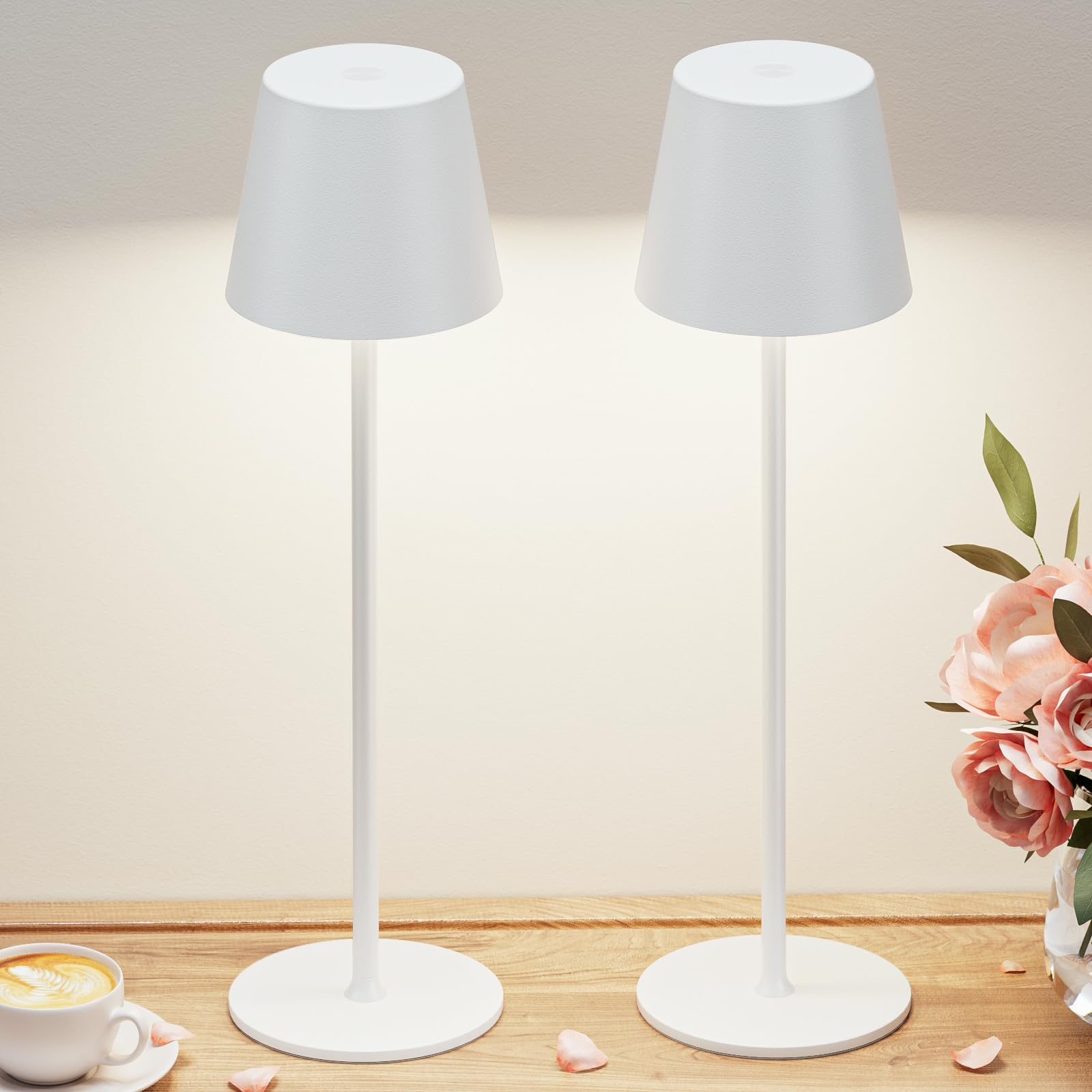 Kakanuo Cordless Table Lamp Rechargeable White - KK 2 Pack 5000mAH Battery Operated Lamp for Table, 3 Color Stepless Dimming Wir