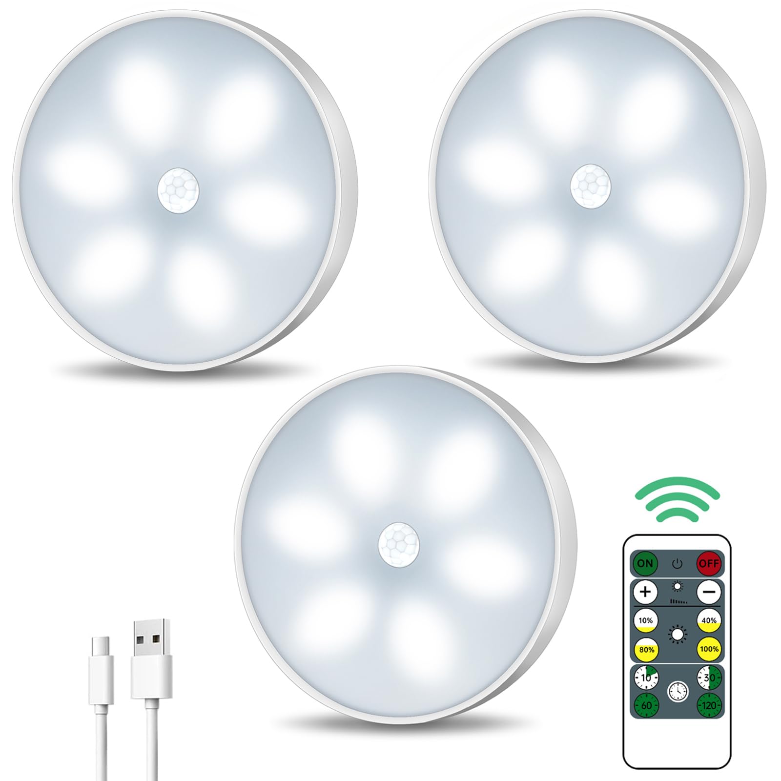 Lightbiz LED Closet Lights, Wireless Motion Sensor, USB Rechargeable, Dimmable, 3 Pack, Cool White, Model X200