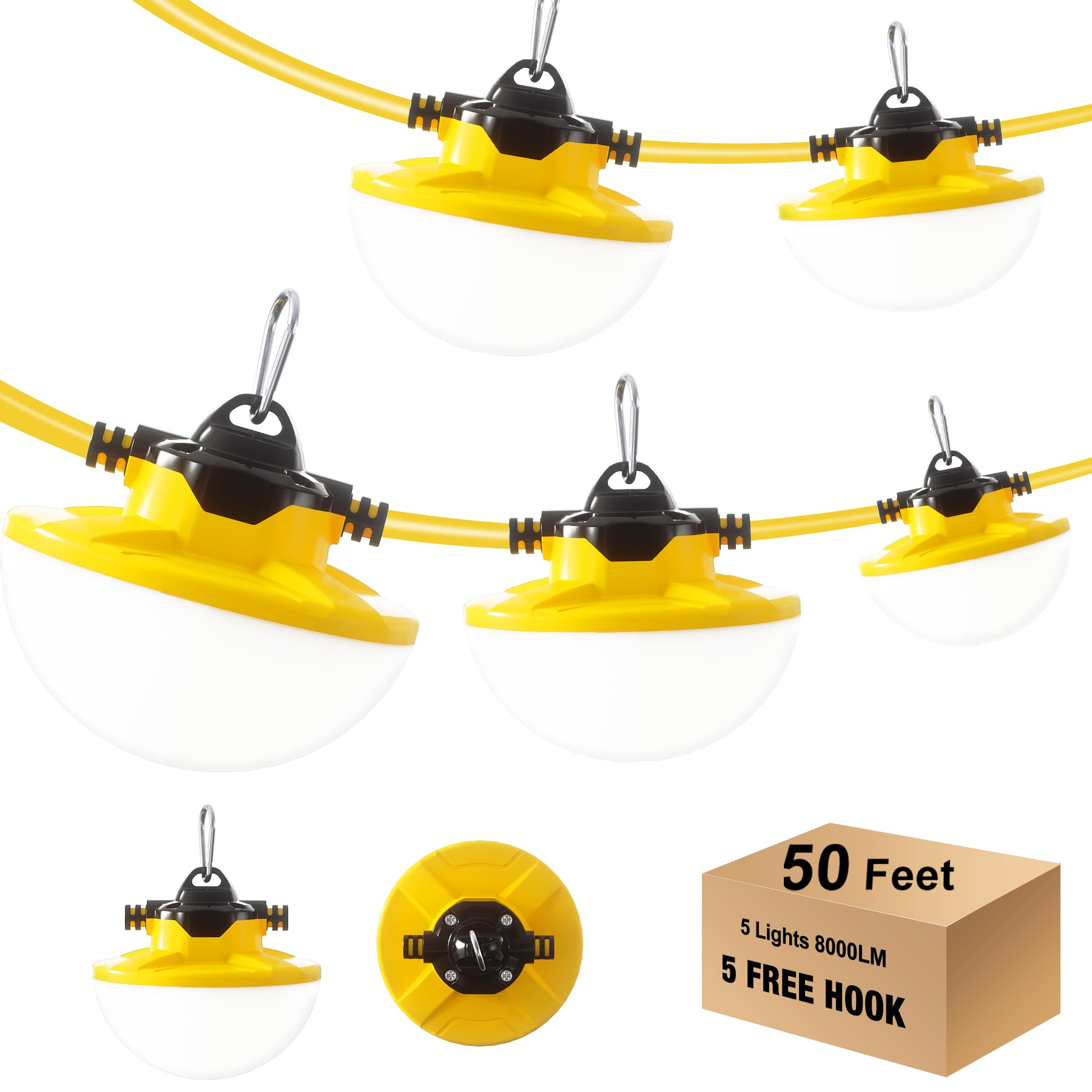 JC-LGL 50FT Construction String Light 65W 8000Lm, 5000K Industrial Grade LED String Work Lights, IP65 Waterproof Temporary Light