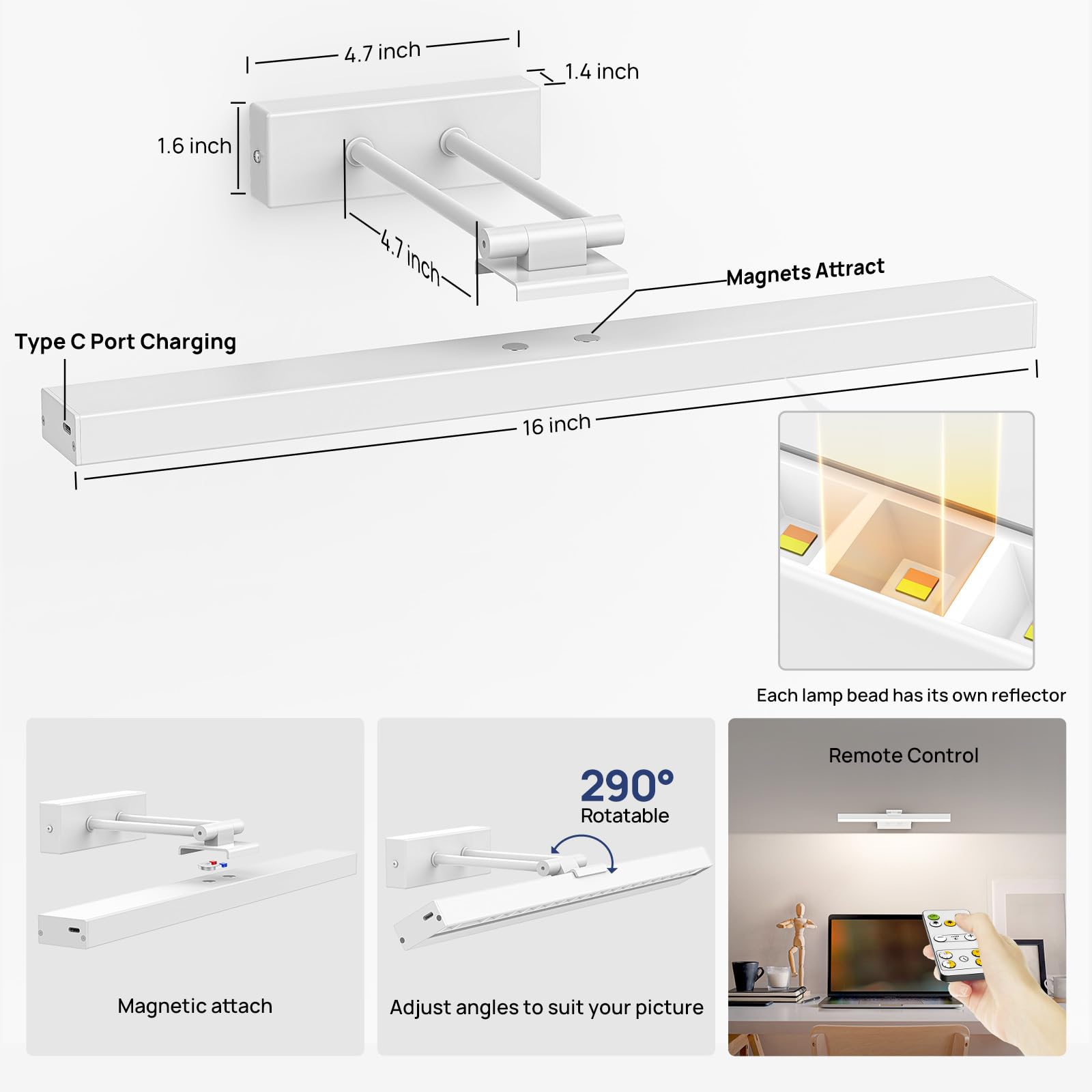 PESUTEN 16in Wireless Picture Light - Battery Operated, CCT Dimmable Art Light, Remote Control, White, Model PLHB1