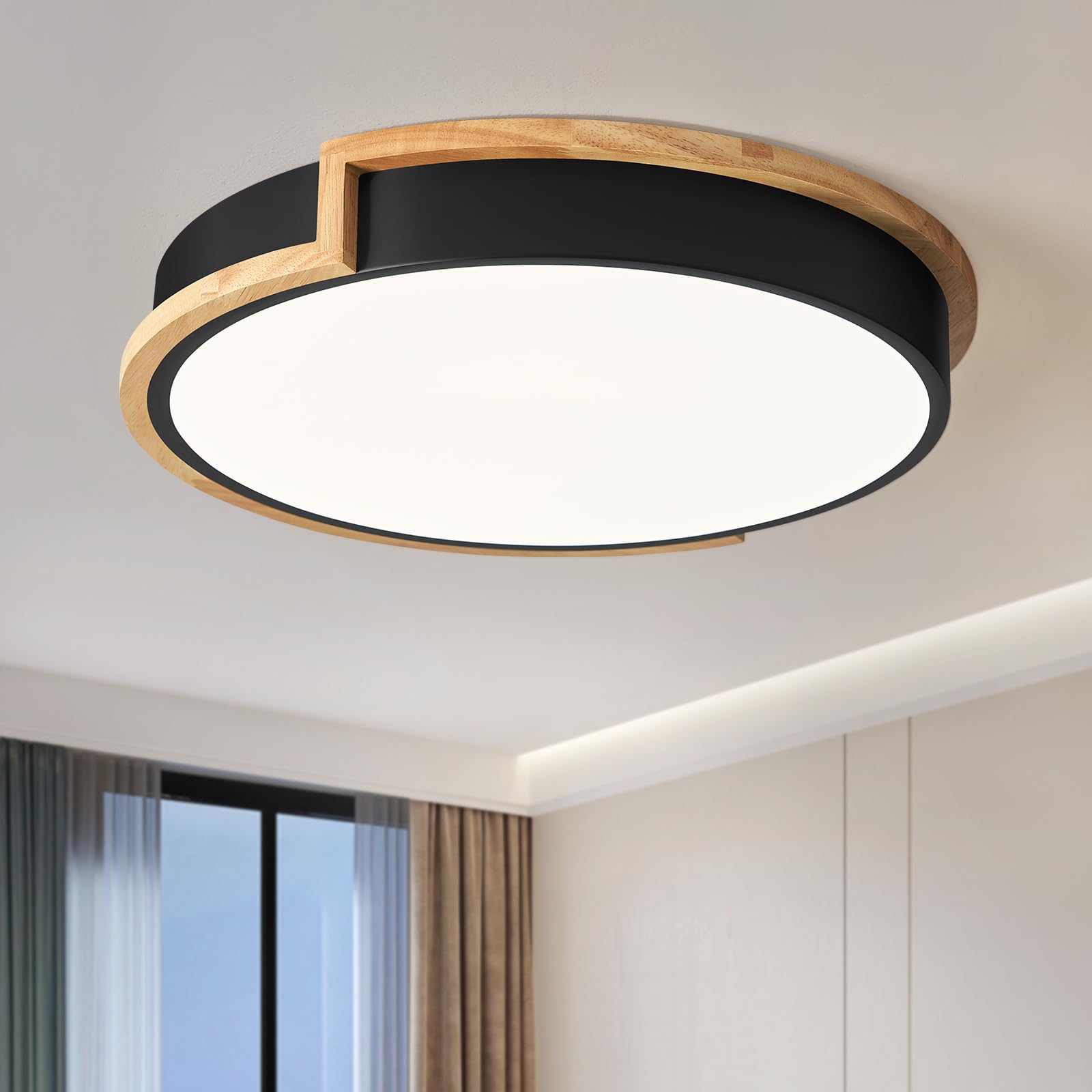 Peblto Modern Led Close To Ceiling Light, Round Flush Mount Ceiling Lighting Fixture, Matte Black With Wood Accent, Minimalist K
