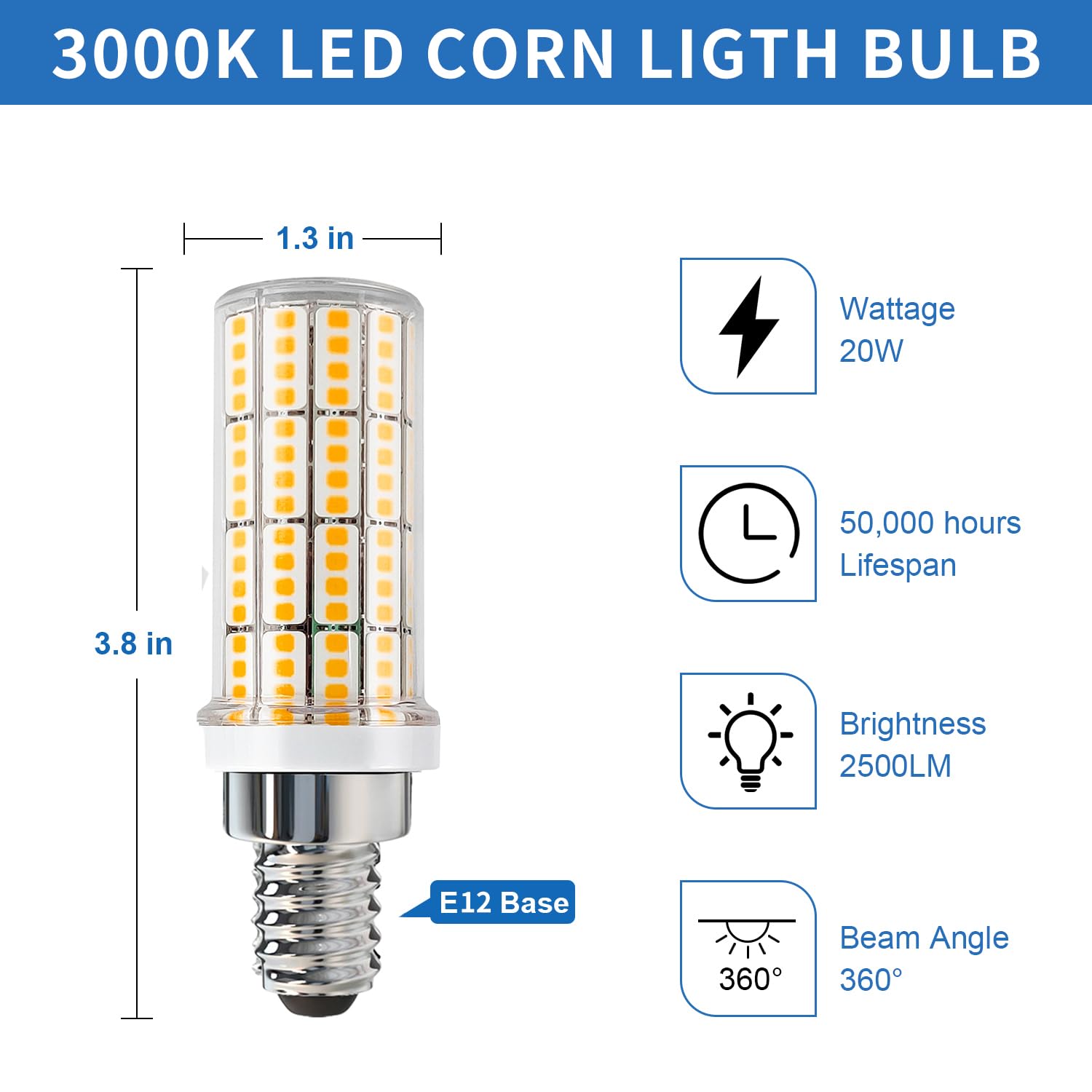 RIUVAO E12 LED Candelabra Bulbs, 200W Equivalent, 3000K Daylight White, Non-Dimmable, Pack of 4, ABS Material, Ideal for