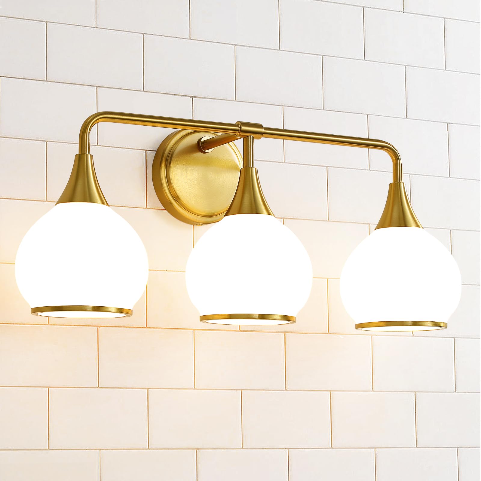 HAHZT 3-Light Brushed Gold Bathroom Vanity Light Fixtures, Milky White Frosted Glass Shade, Model 8033ML, Wall Sconce, 22.4 inch