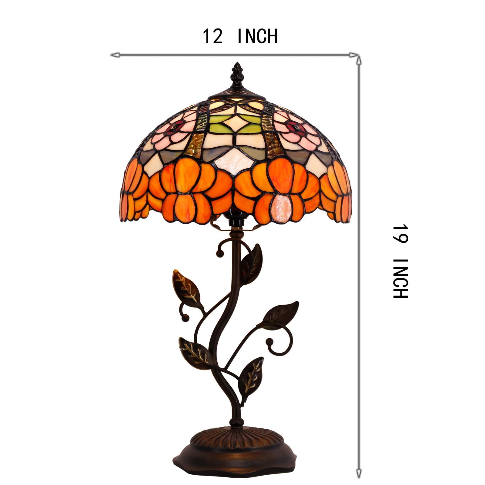 Avivadirect Tiffany Lamp Orange Flower Stained Glass Table Lamp Desk Bedside Reading Light 12X12X19 Inches With Metal Leaf Base