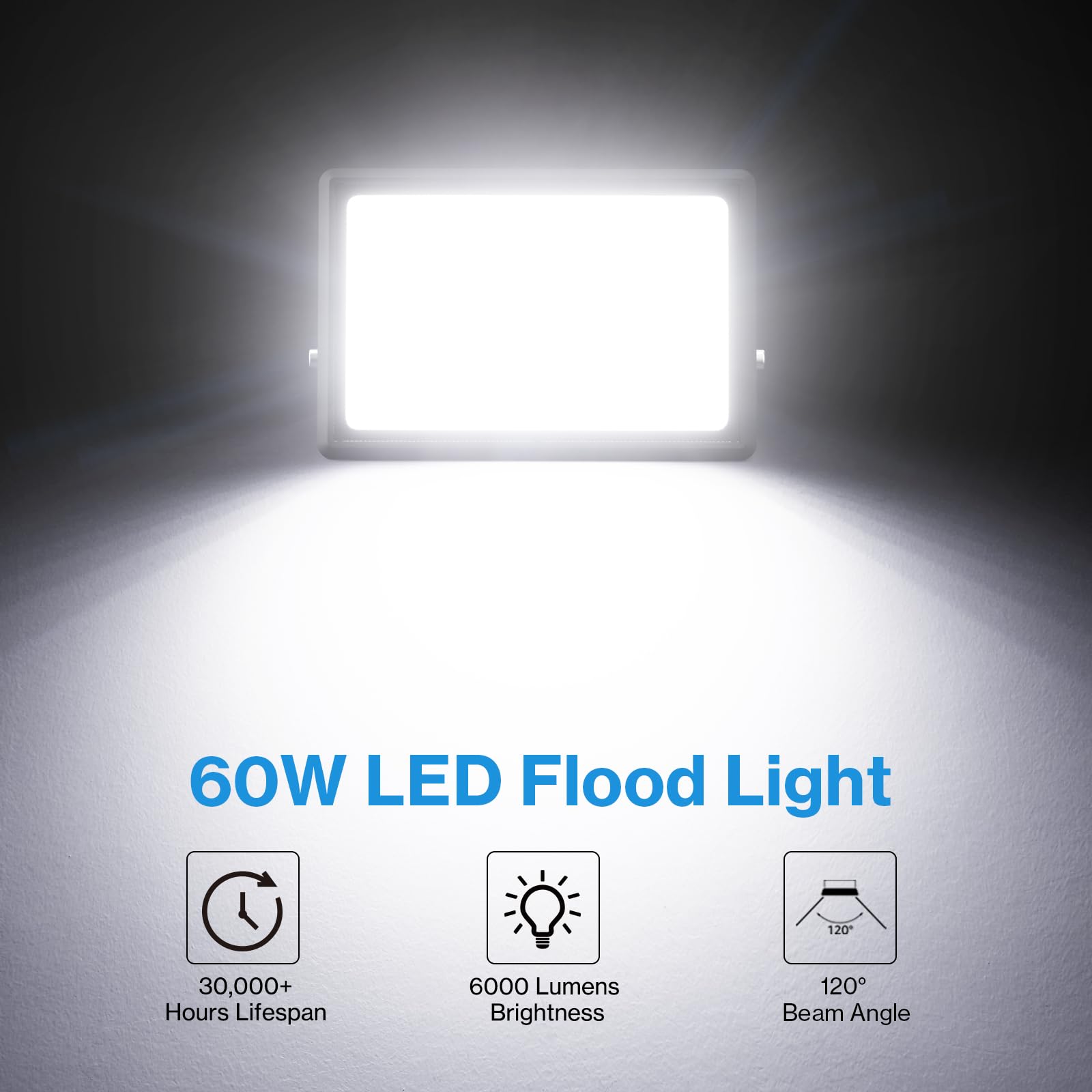 Olafus 60W LED Flood Light - 6000LM Super Bright, IP66 Waterproof, Black, Model LAA50G, Outdoor Work Lights for Yard and Garden