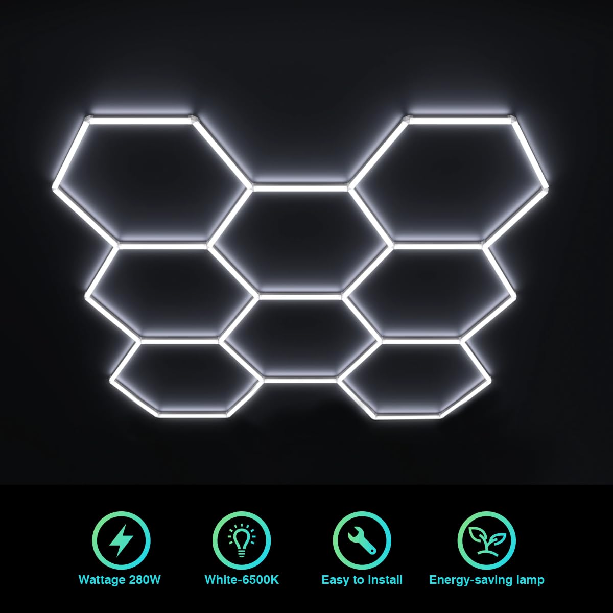 Cezelux Hexagon Led Garage Light,8 Honeycomb 35Packs Tubes 6500K 280W 2.4X2.3M, Hex Ceiling Light For Gym Basement Warehouse Auto Beauty Shop Car Detailing Lighting (Hexagon-8)