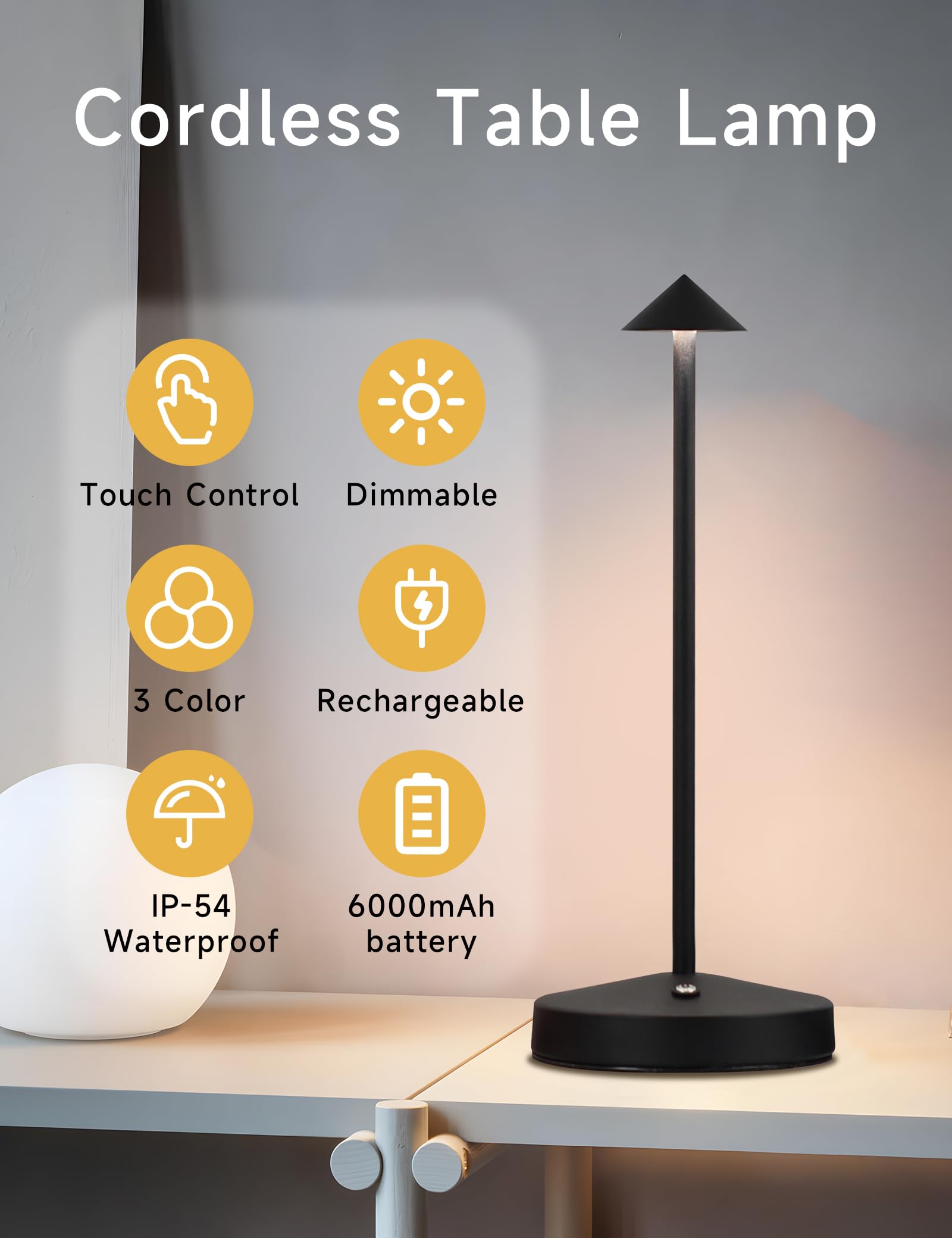 KROPTIB Cordless Table Lamps,LED Rechargeable Desk Lamp,Portable Modern USB Battery Operated Lights,Outdoor Waterproof Touch Dim
