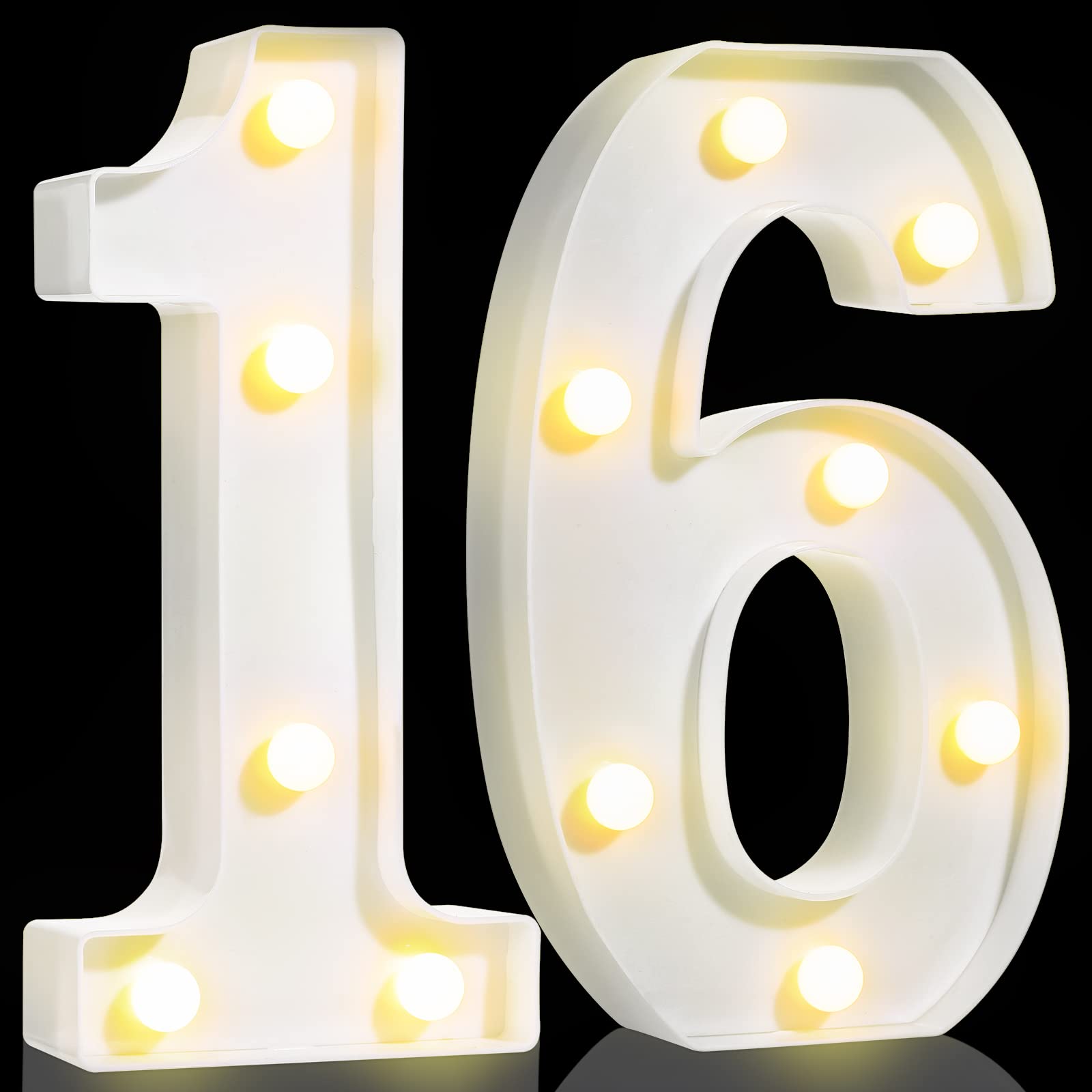 Treela LED Number Sign, 8.7in  Birthday Decorative Light Up, Glitter Marquee, 16th, White, Model Treela-Led Light-02