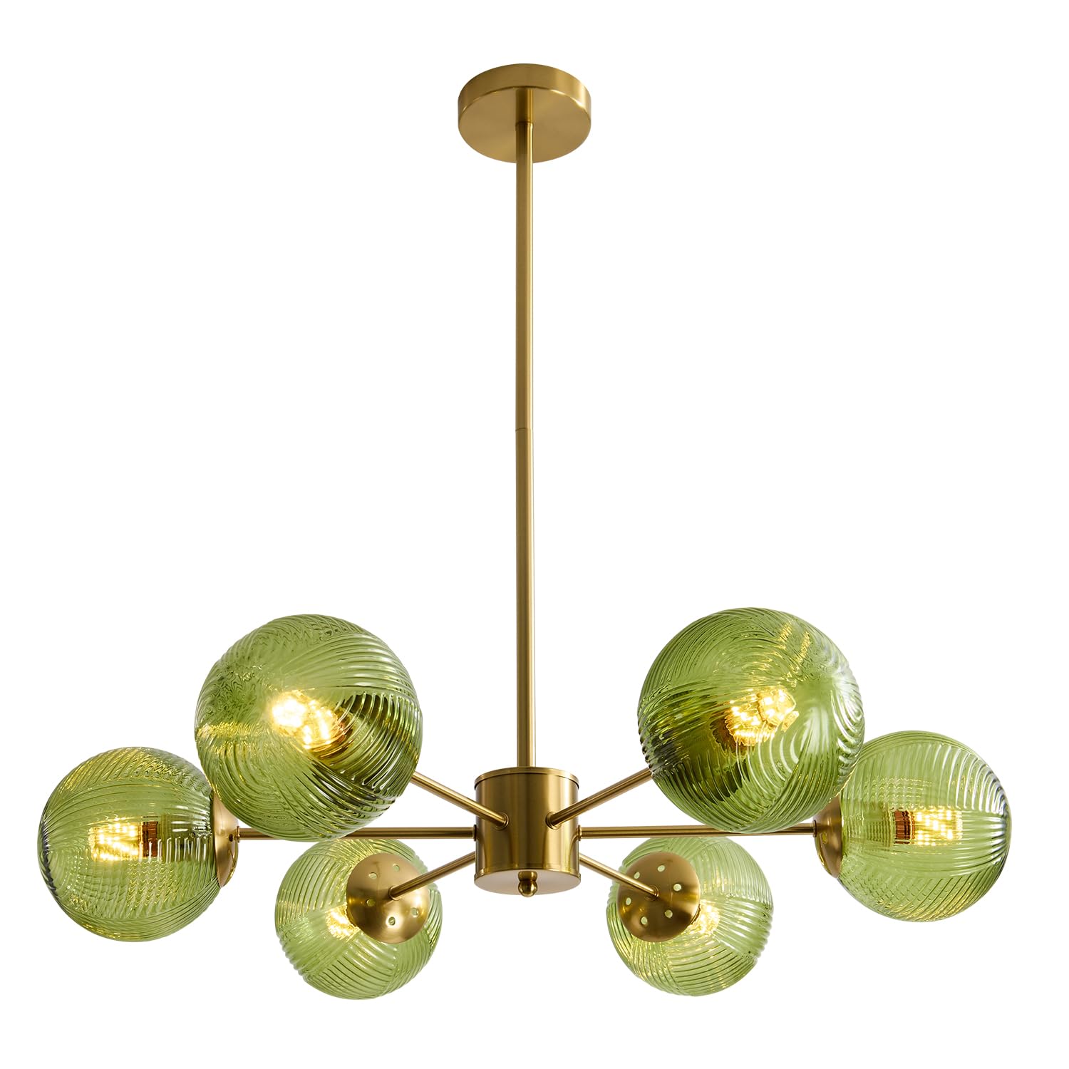 BOKT Green Glass Ball Pendant Light Mid Century Modern Gold 6-Lights Globe Sputnik Chandelier Light Fixture Brushed Brass Chandelier Pendant Light for Kitchen Island Dining Room