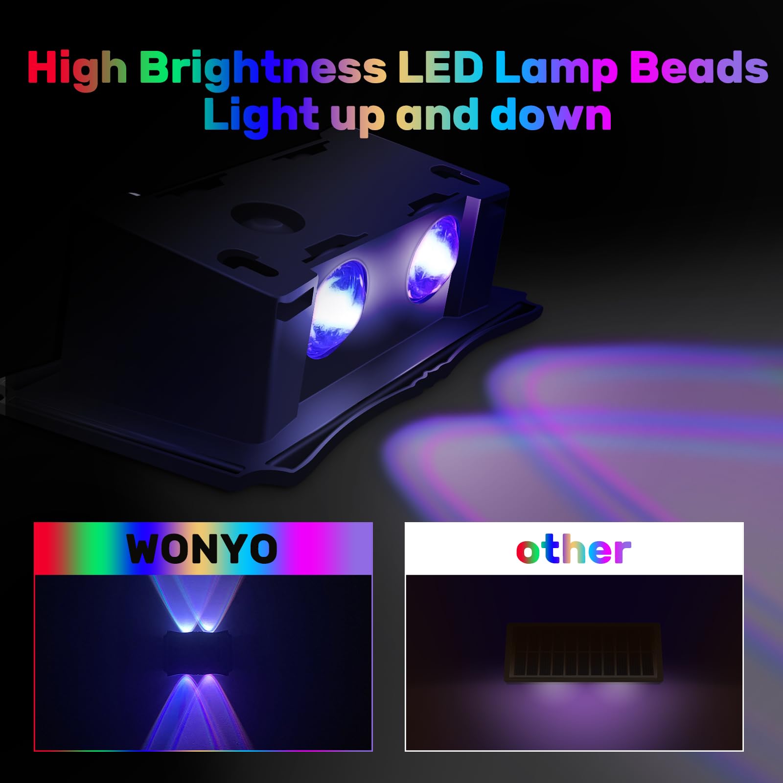 Wonyo 4Led Multi-Color Solar Wall Lights, Up And Down Lighting Solar Outdoor Light Waterproof Ip65, Solar Fence Light For Yard Garden Garage Walkway Porch Christmas Decorations (4 Pack)