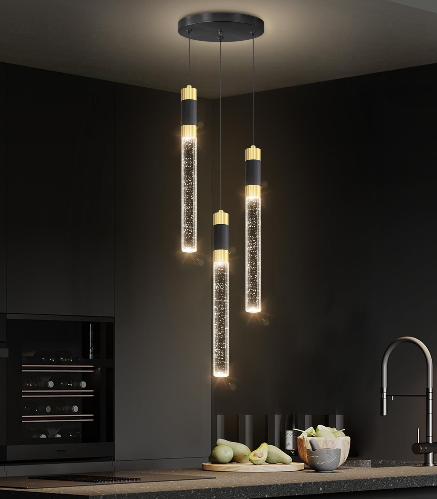 Cenozo Modern 3-Light LED Pendant Light - Dimmable, Remote Control, 3000K-6000K, Black - Kitchen Island Fixture, Model RS8002-3tou-y