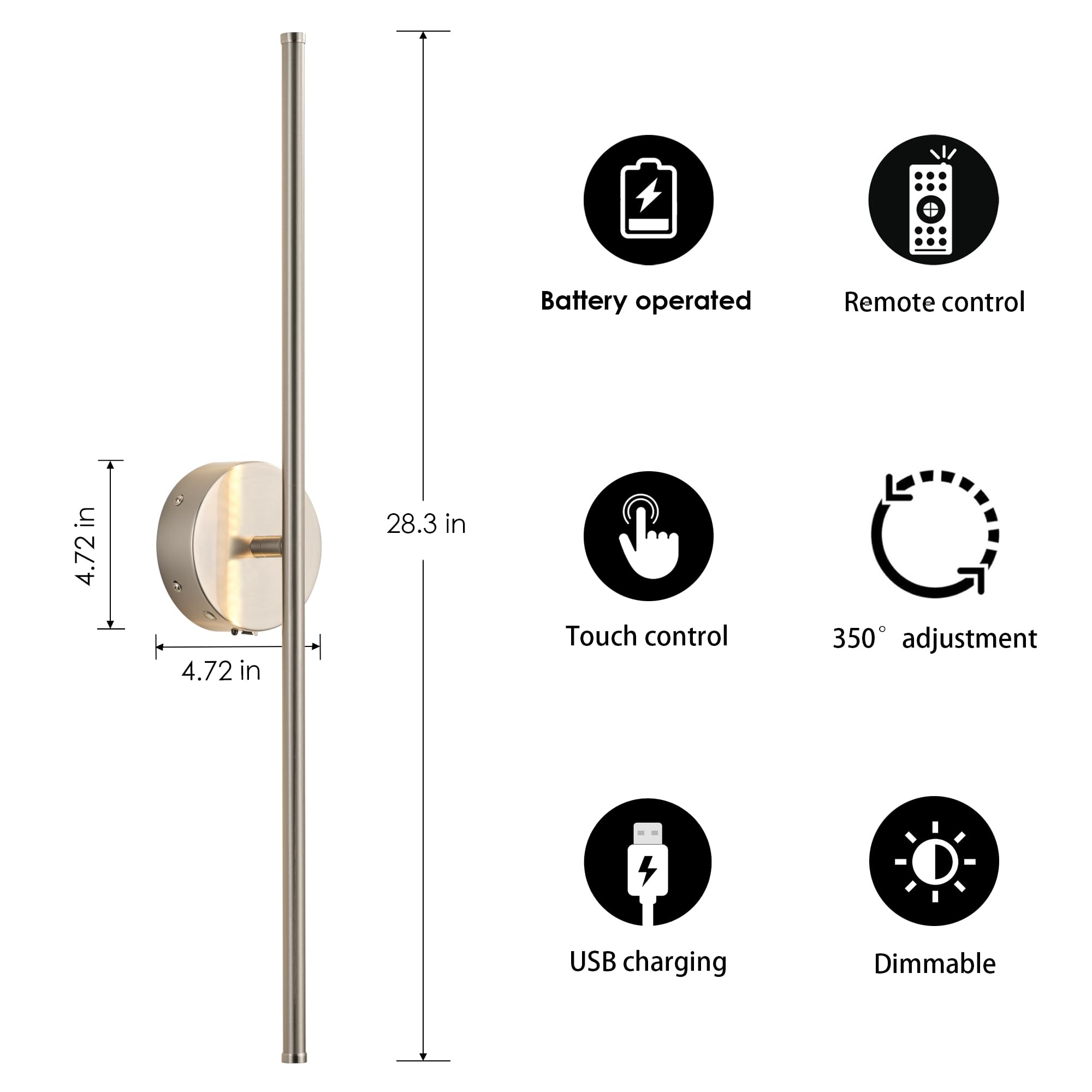 KARTOOSH Battery Operated Wall Sconces, Dimmable, 350° Rotate, 28.3 Inch, Nickel, Model ZM317BNC70-N1, Set of