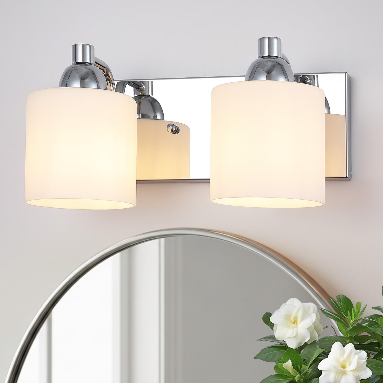 Mecgirn Stainless Steel Milk Glass Vanity Lights for Bathroom  2 Light Polished Chrome Bathroom Light Fixtures Over Mirror  Ceramic E26 Sockets Wall Mounted