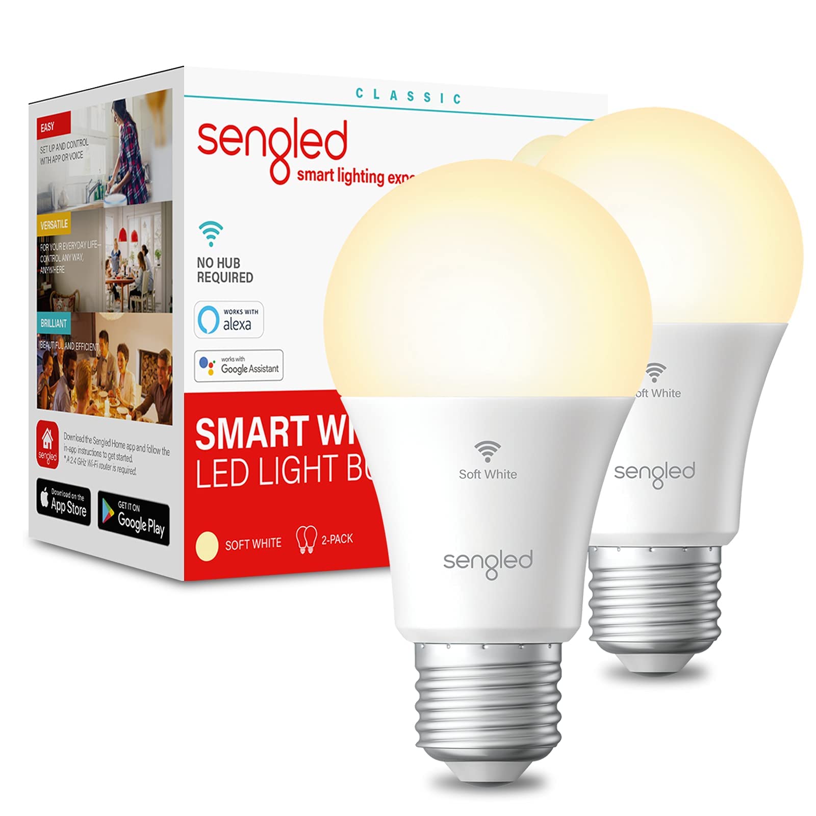 Sengled Alexa/Google Smart Wifi Light Bulbs, A19 Soft White 2700K, 800Lm, No Hub - 2 Pack