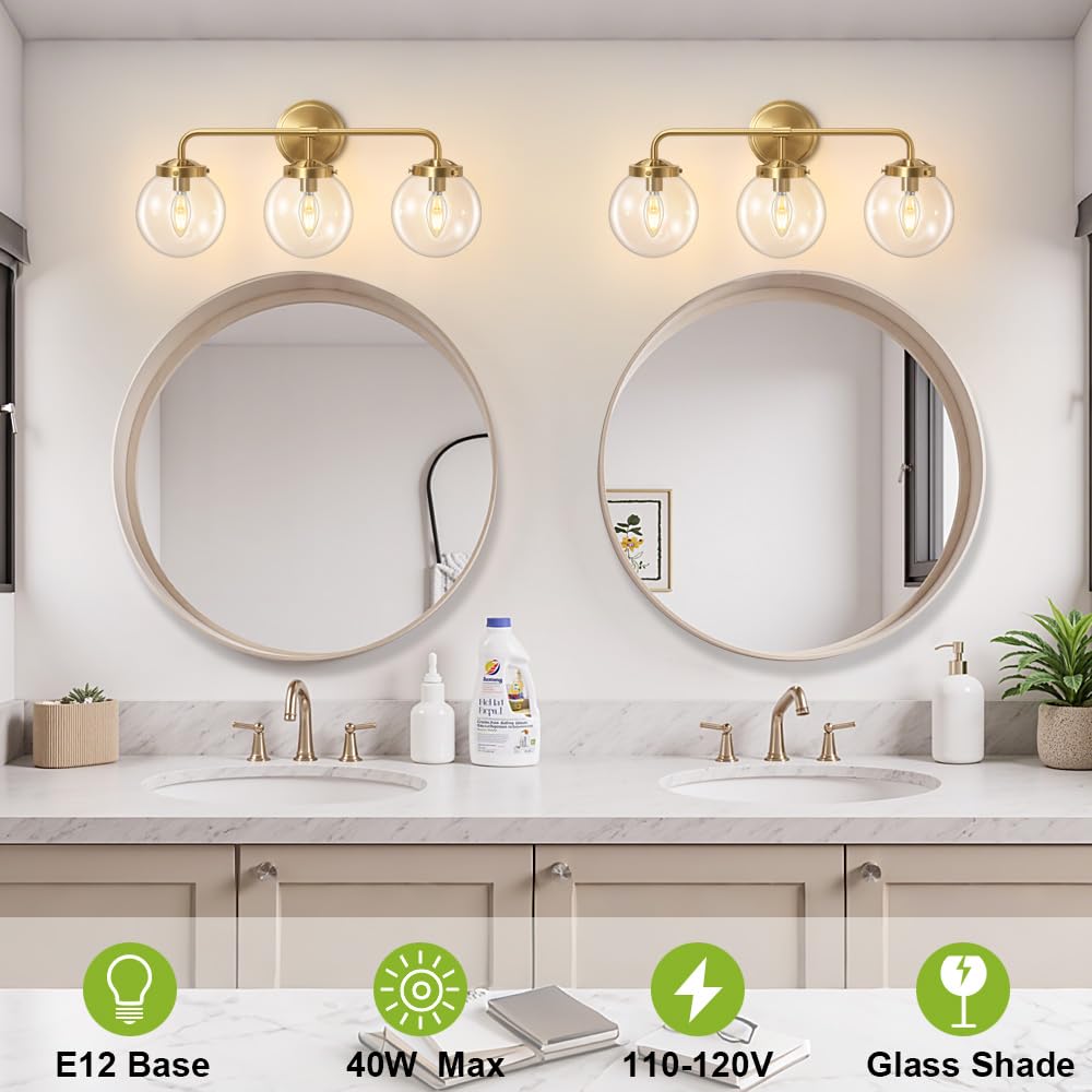 Deyidn Gold Bathroom Vanity Light Fixtures, Modern Brass 3-Light Wall Sconce, Transparent Glass Ball Shade, Model 1758