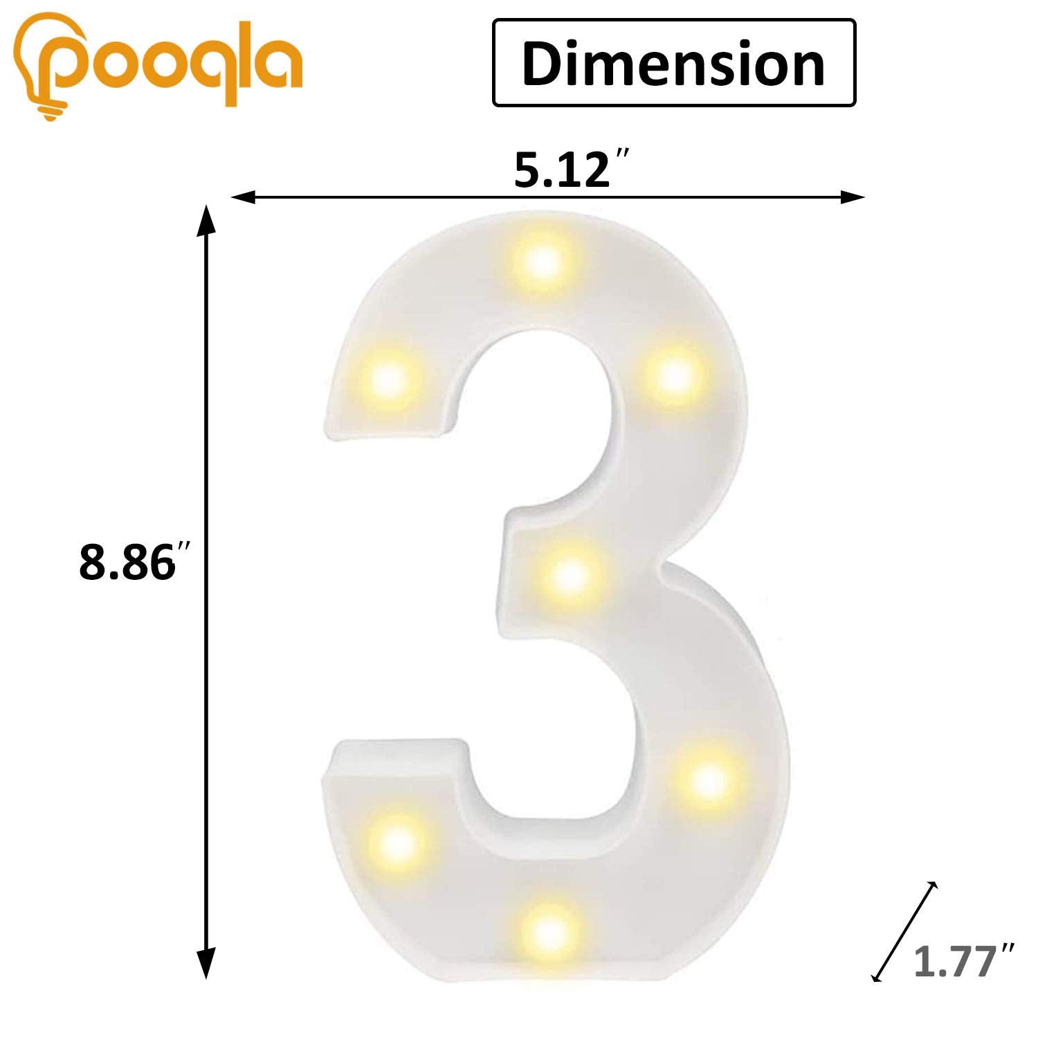 Decorative Led Light Up Number Letters, White Plastic Marquee Number Lights Sign Party Wedding Decor Battery Operated Number (3)