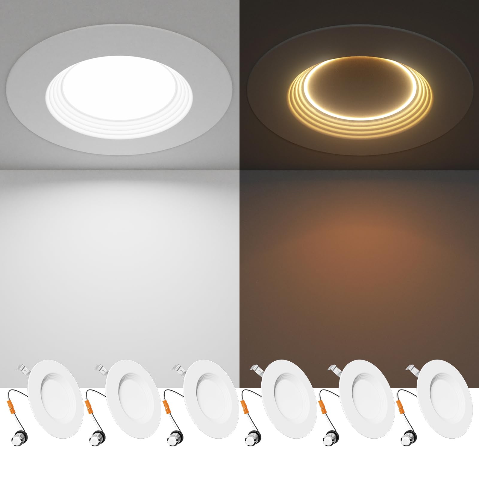 Ensenior 5/6 Inch 5CCT LED Can Lights with Night Light 6 Pack, Retrofit Led Recessed Lighting, Baffle Trim, 9W=110W, 1000LM,2700