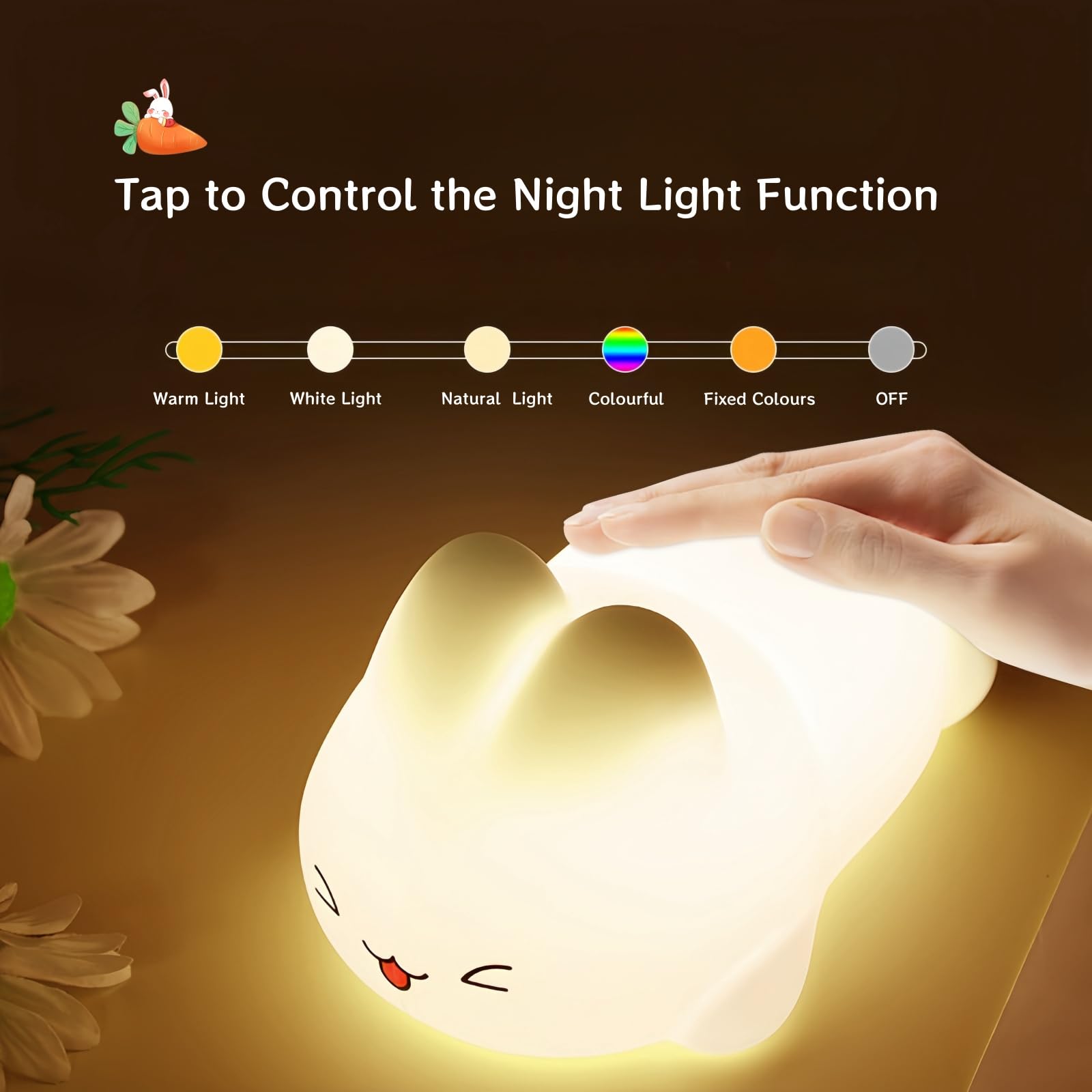 Angtuo Bunny Night Light, Big Face Rabbit Light, Bunny Lamp Dimmable And Rechargeable, Kawaii Room Decor
