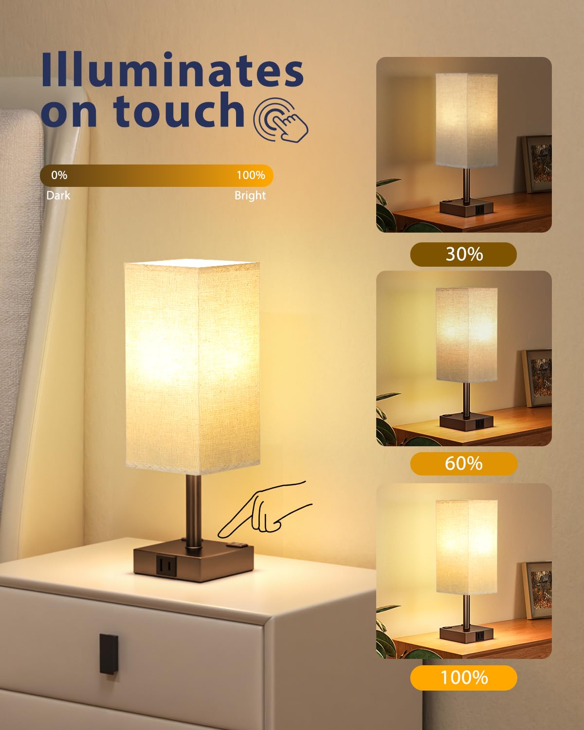 Brown Touch Table Lamp - Bedside Lamp With Usb A + Type C Charging Ports And Two Ac Outlets, Small Night Stand With E26 Led Bulb