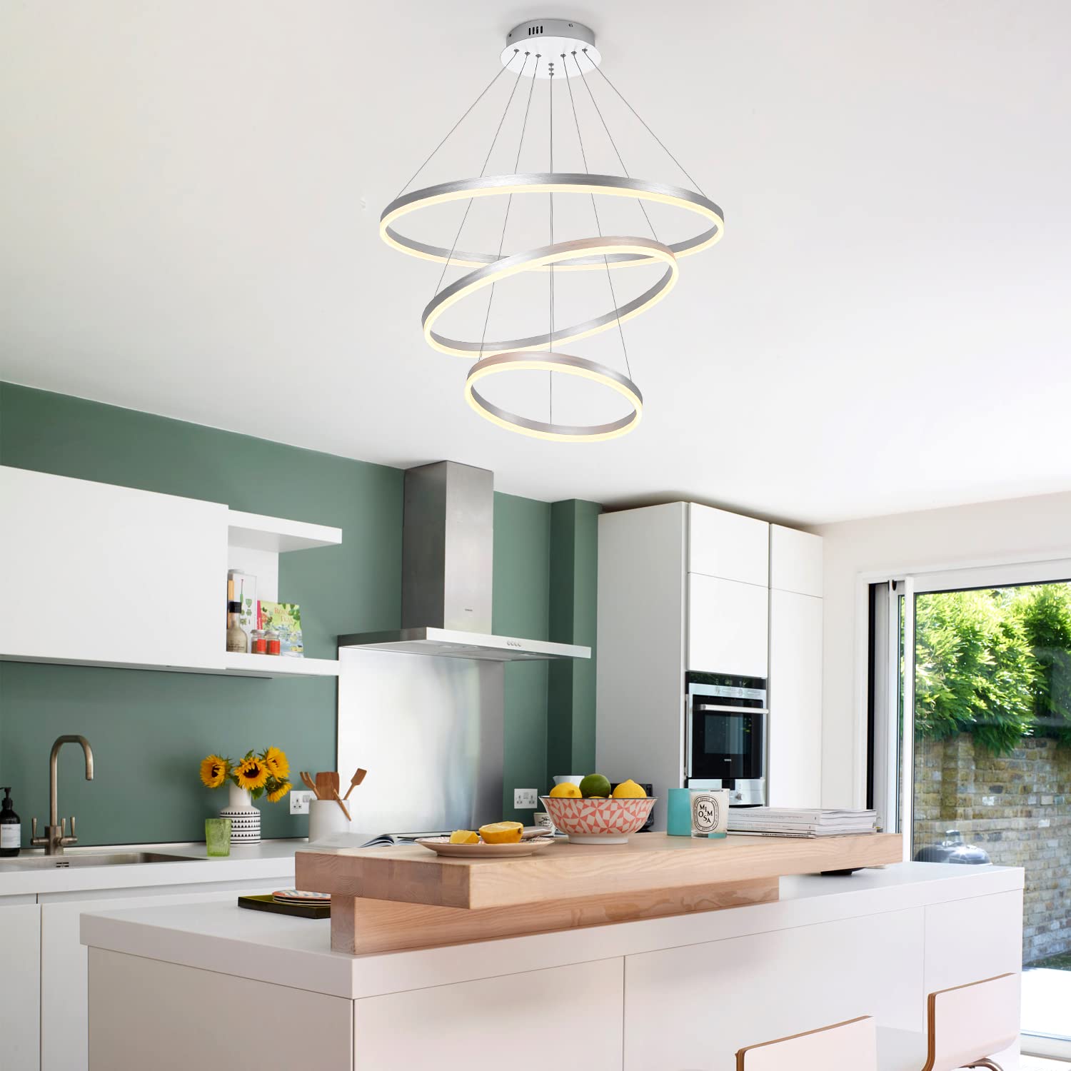 Xgzl · Lighting 3-Rings D31.5’’ Modern Led Chandelier Silver, Dimmable Pendant Lighting With Remote Control Circular Flush Mount High Ceiling Light For Living Dining Room Bedroom Foyer, 3000K-6500K