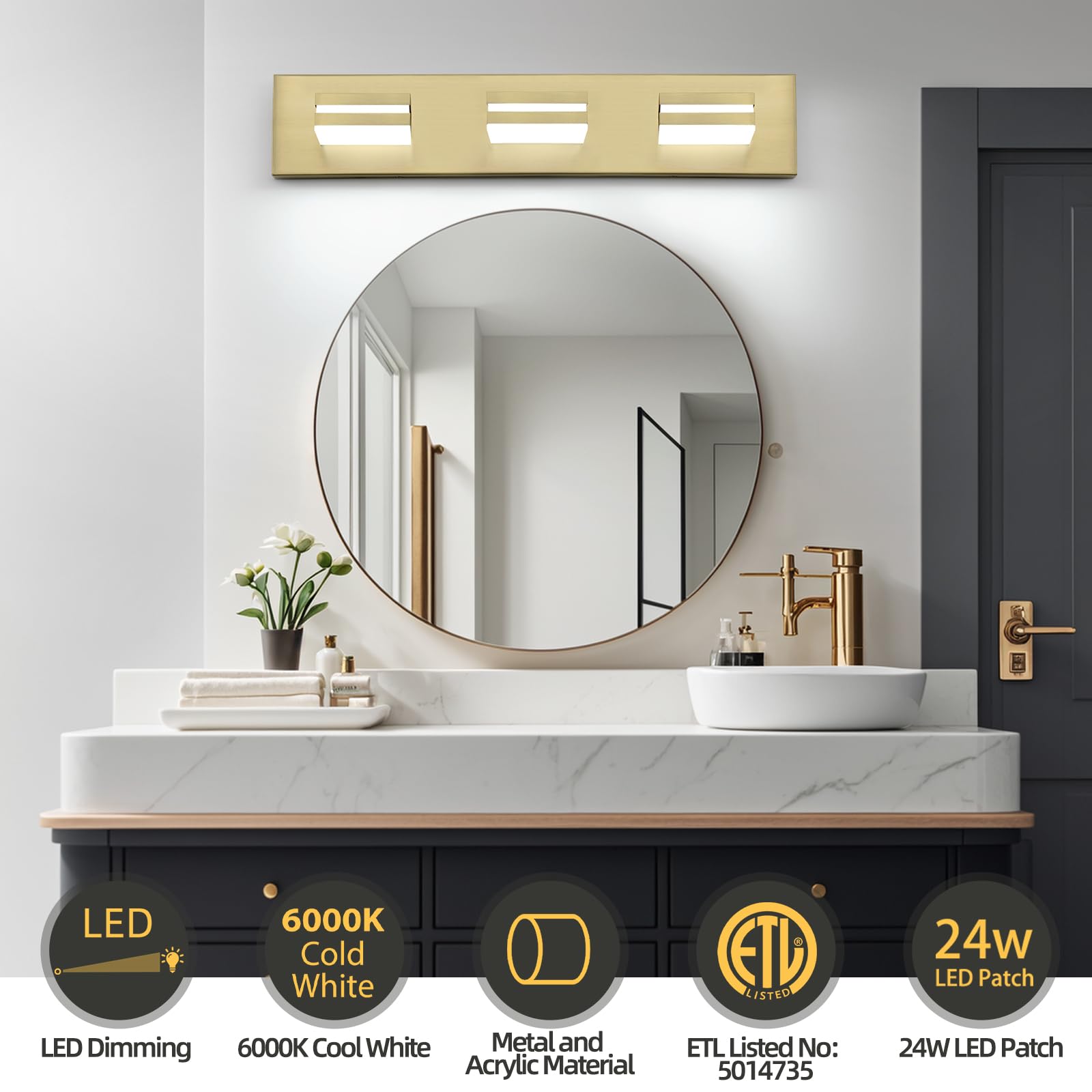 OKELI 5-Light Bathroom Vanity Light Gold LED Dimmable 32W 6000K Adjustable ETL Listed Model OK-9553-3T-GL