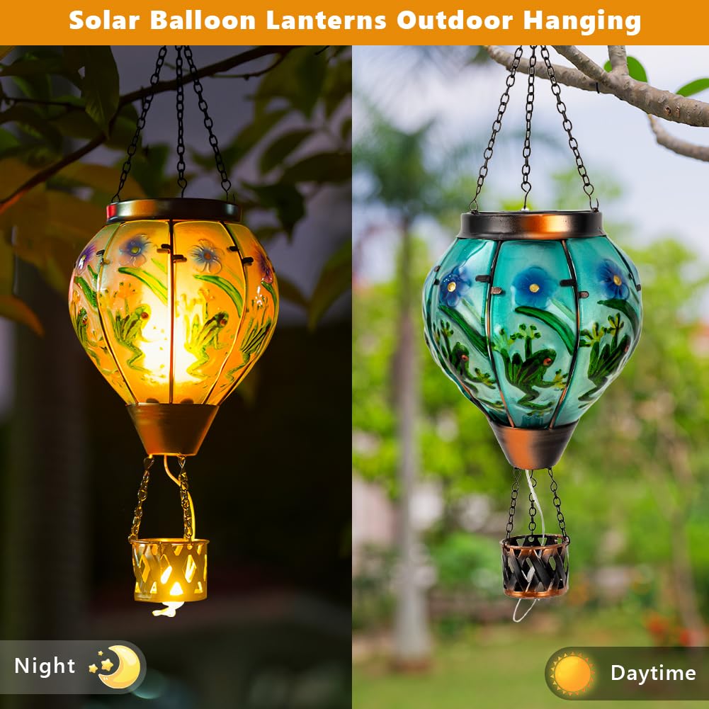 Starsoul Frog Hot Air Balloon Solar Lantern With Candle Holder Glass Outdoor Solar Hot Air Balloon Flickering Flame Lamp Hanging