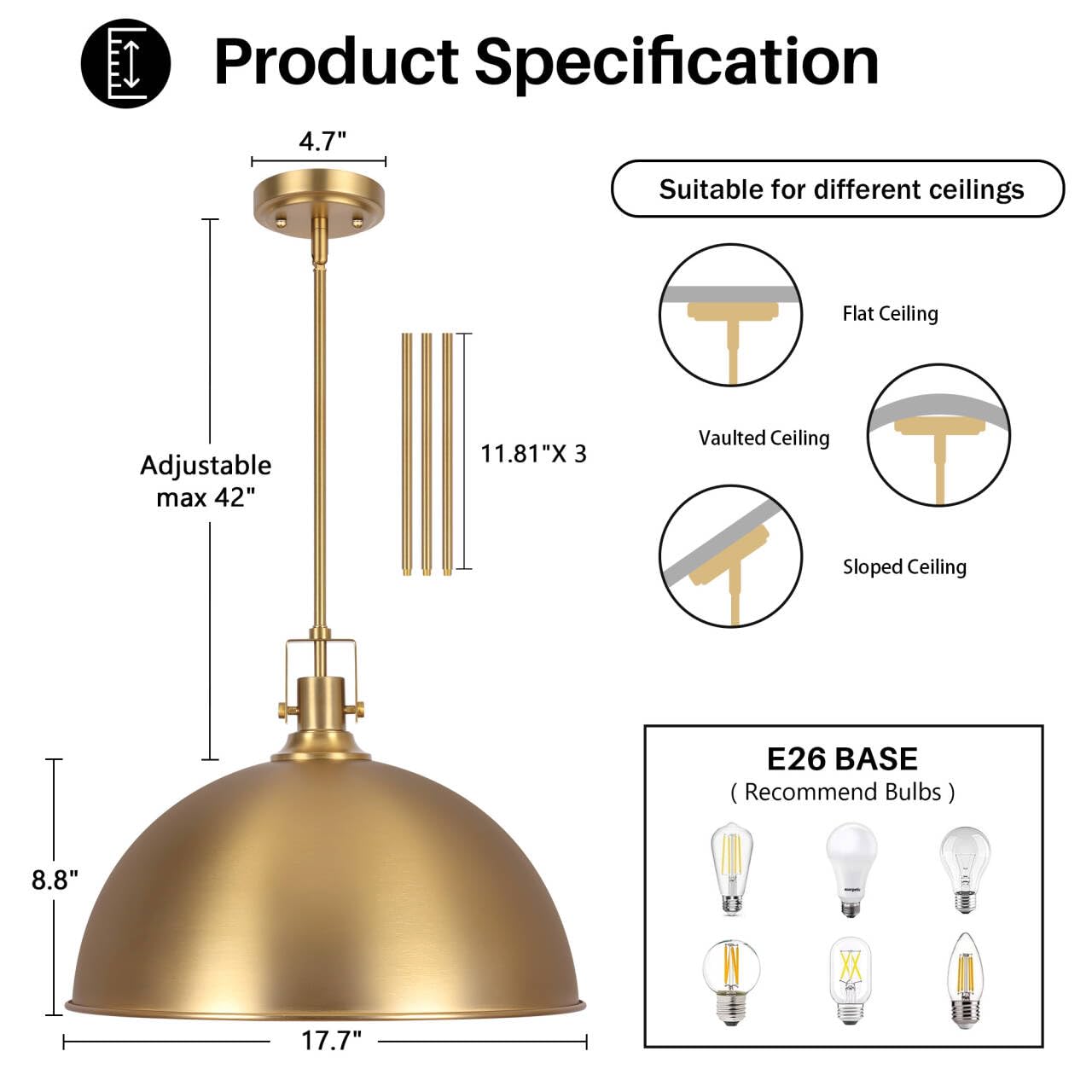 LamQee 18" Brushed Gold Pendant Light, Modern Dome Chandelier for Kitchen, Dining, Bar, Hallway - Model JK5023JIN