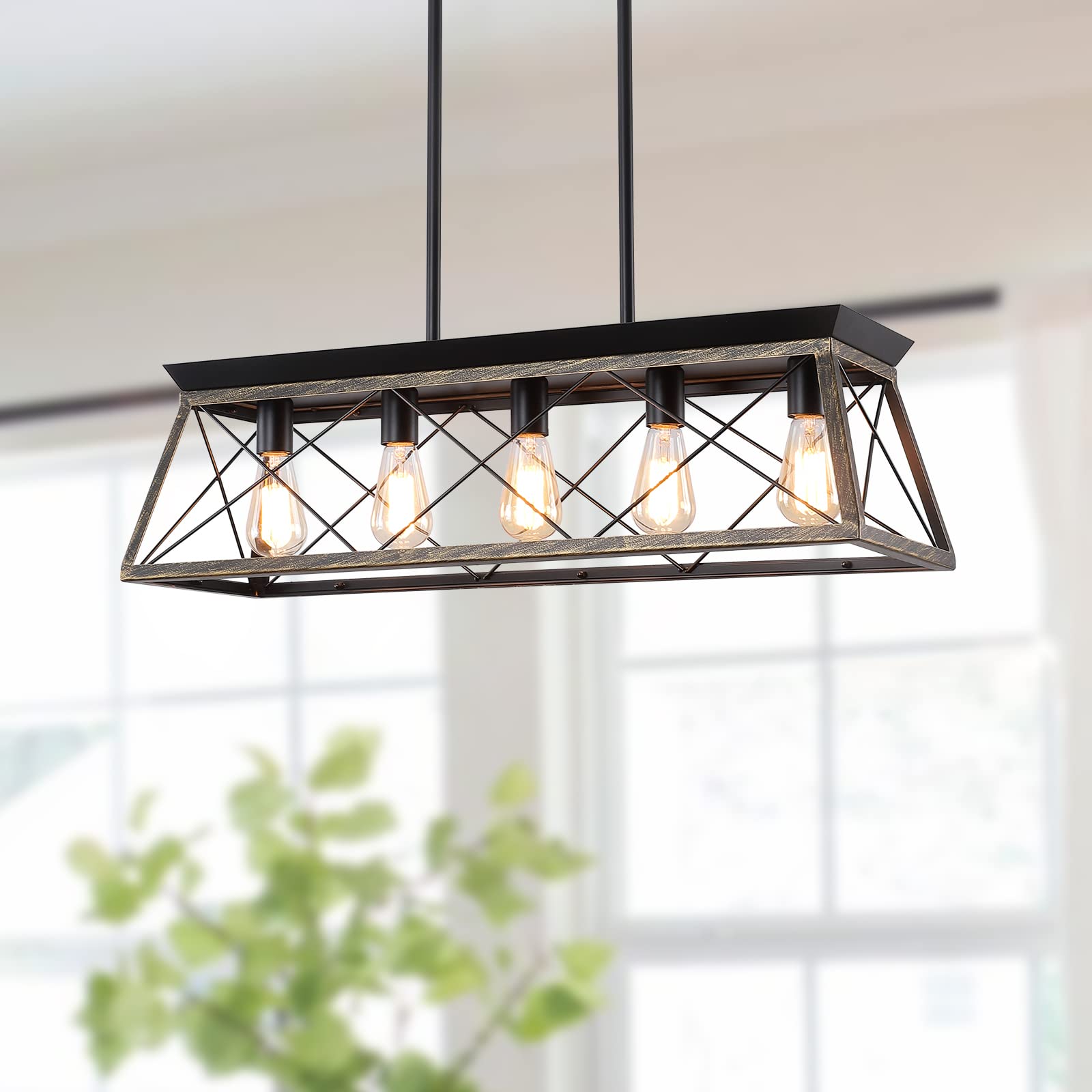 XIPUDA 5-Light Pendant Lights Fixture  Farmhouse Chandeliers for Dining Room  Rustic Island Lights for Kitchen  Rectangular Chandelier Rustic Farmhouse Light Fxiture Gold&Black