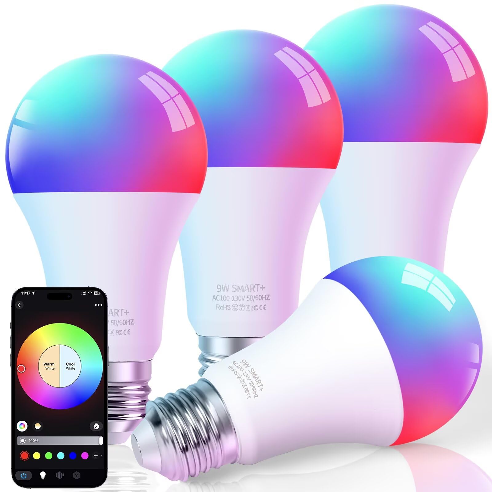 Frideko Home 4 Pack Led Smart Light Bulbs - Wi-Fi & Bluetooth Light Bulbs, Color Changing Light Bulb Compatible With Alexa And G