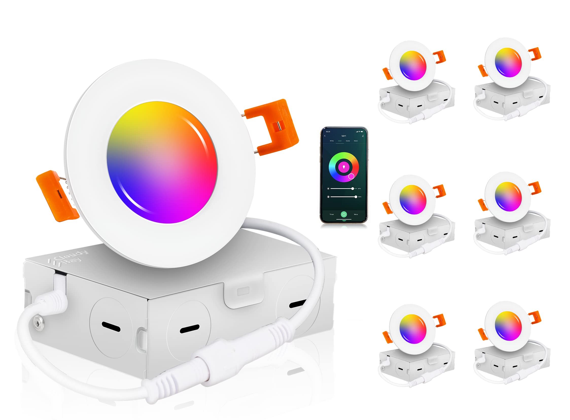 [6 Pack] Cloudy Bay 3 Inch Smart Wifi Led Recessed Lights,Rgbcw Color Changing,Compatible With Alexa And Google Home Assistant,No Hub Required,2700K-6500K,Ic Rated