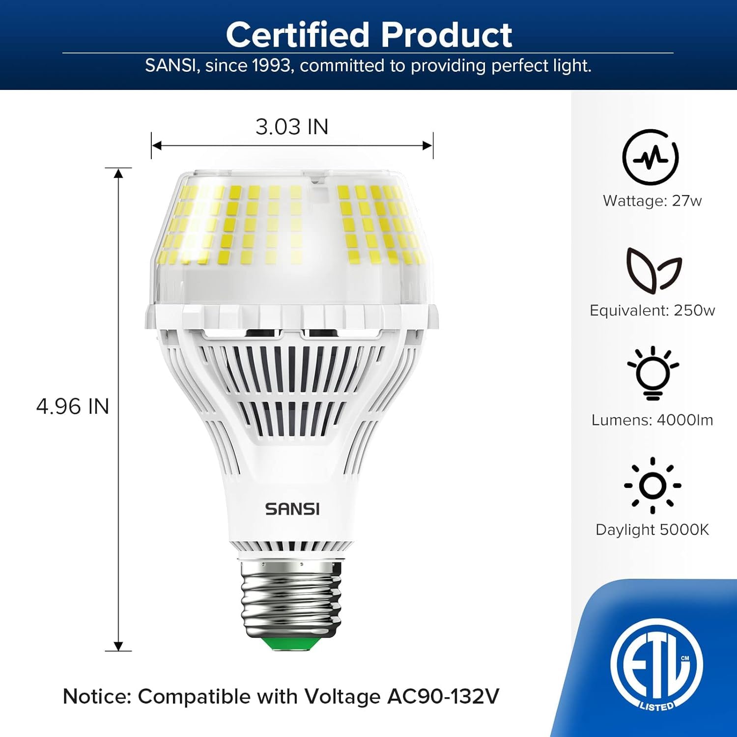 Sansi Dimmable Led Light Bulbs 250 Watt Equivalent, 4000 Lumens 5000K Dimmable Bright Daylight A21 E26 Bright Led Bulbs, 2 Pack,