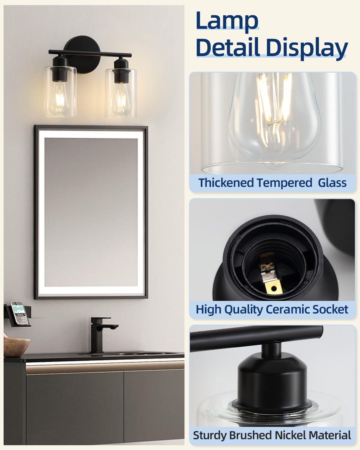 SEABLE Modern Vanity Lights - 2 Pack Wall Sconce, Matte Black, Clear Glass Shade, Bathroom & Bedroom Fixtures