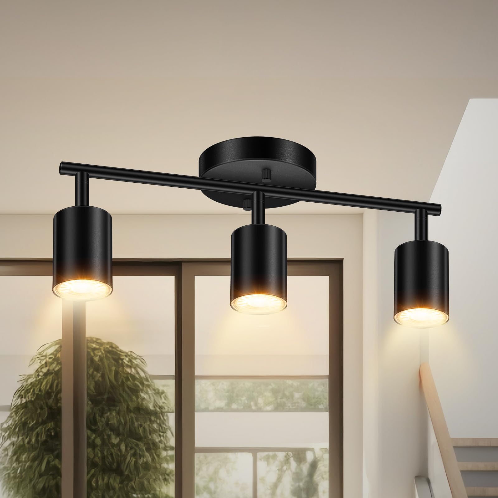 LED Track Lighting Fixtures Ceiling, Black 3-Light Track Lights for Kitchen, 3 Way Ceiling Spotlight, Flexibly Rotatable Wall Mo
