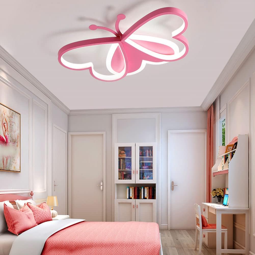 Bdxky Led Ceiling Light Fixture Modern Kids Room Flush Mount Dimmable With Remote 36W Pink Butterfly Ceiling Lamp For Girl Boy B