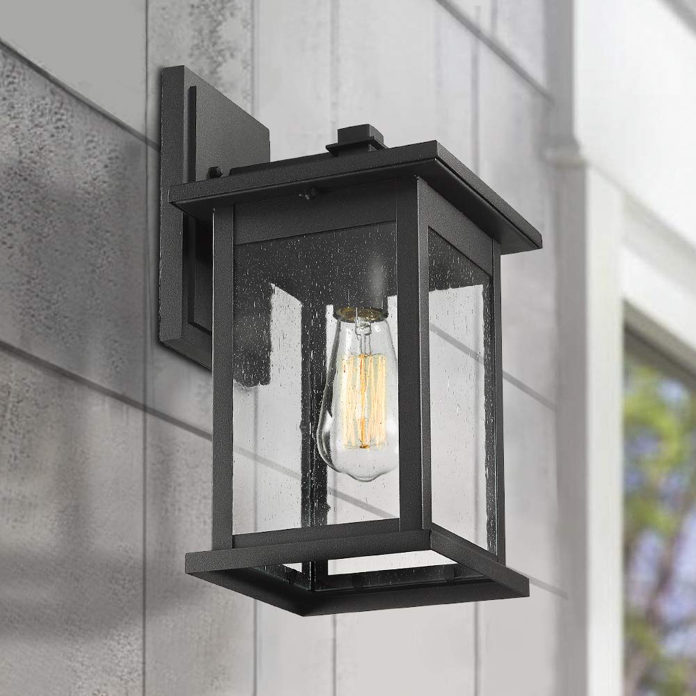 Emliviar 1-Light Outdoor Wall Lantern, 14&quot; Black Finish With Seeded Glass, Large Size