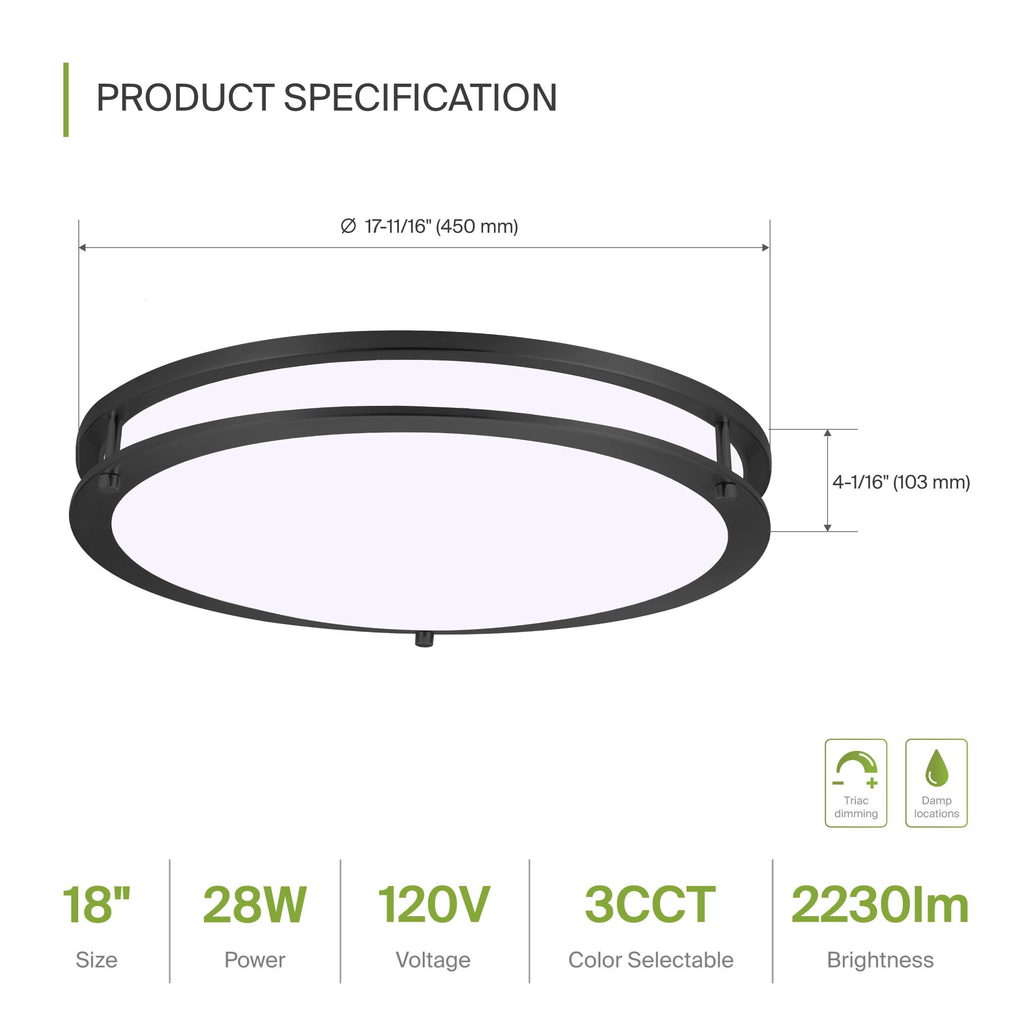 ASD LED 18 Inch Round Flush Mount Light Fixture | 28W 2250LM 3000K-5000K 120V | 3CCT, Dimmable, Energy Star, ETL Listed | Close