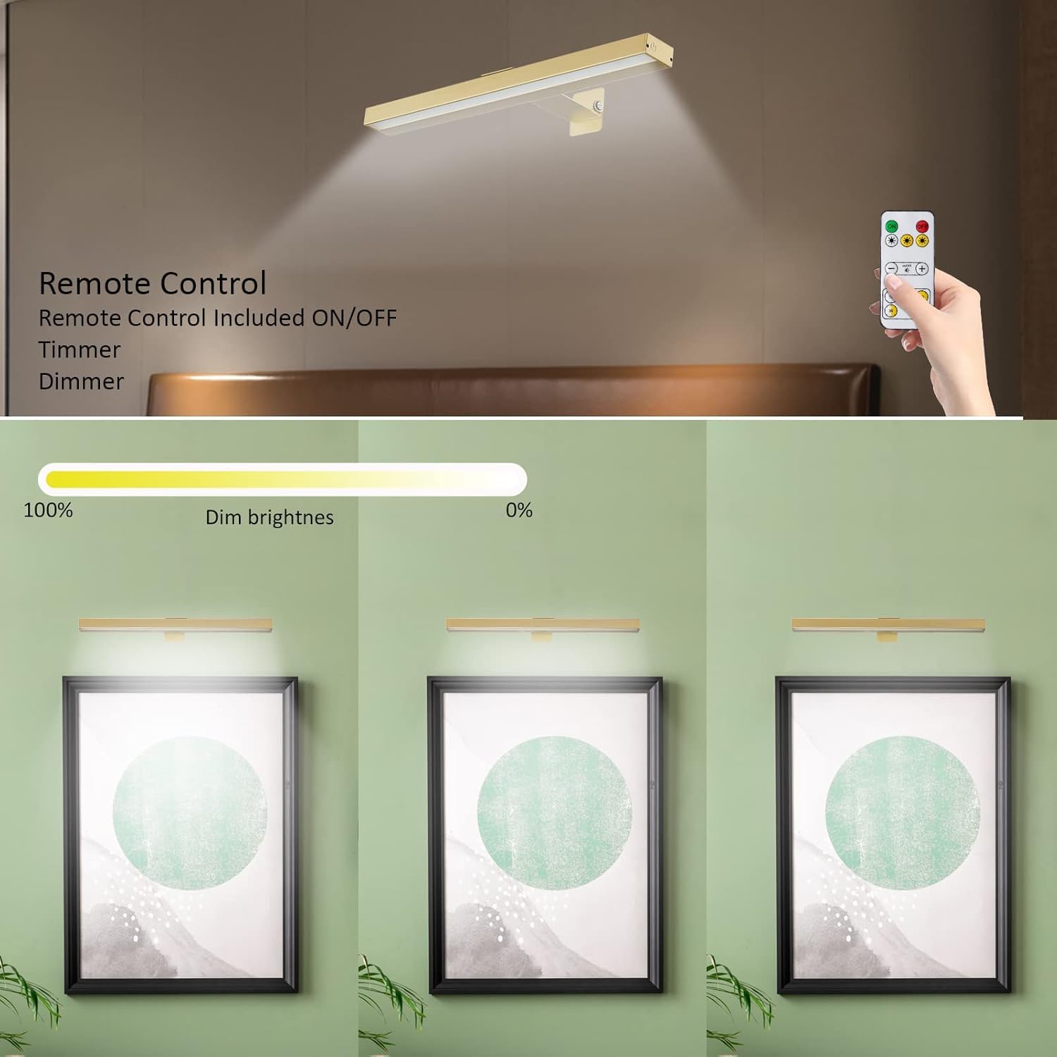 MIOBLUE Rechargeable Picture Light - 16in Dimmable Battery Operated Lamp, Metal Body, Gold, HD-newgold, 3 Lighting Modes, Timer