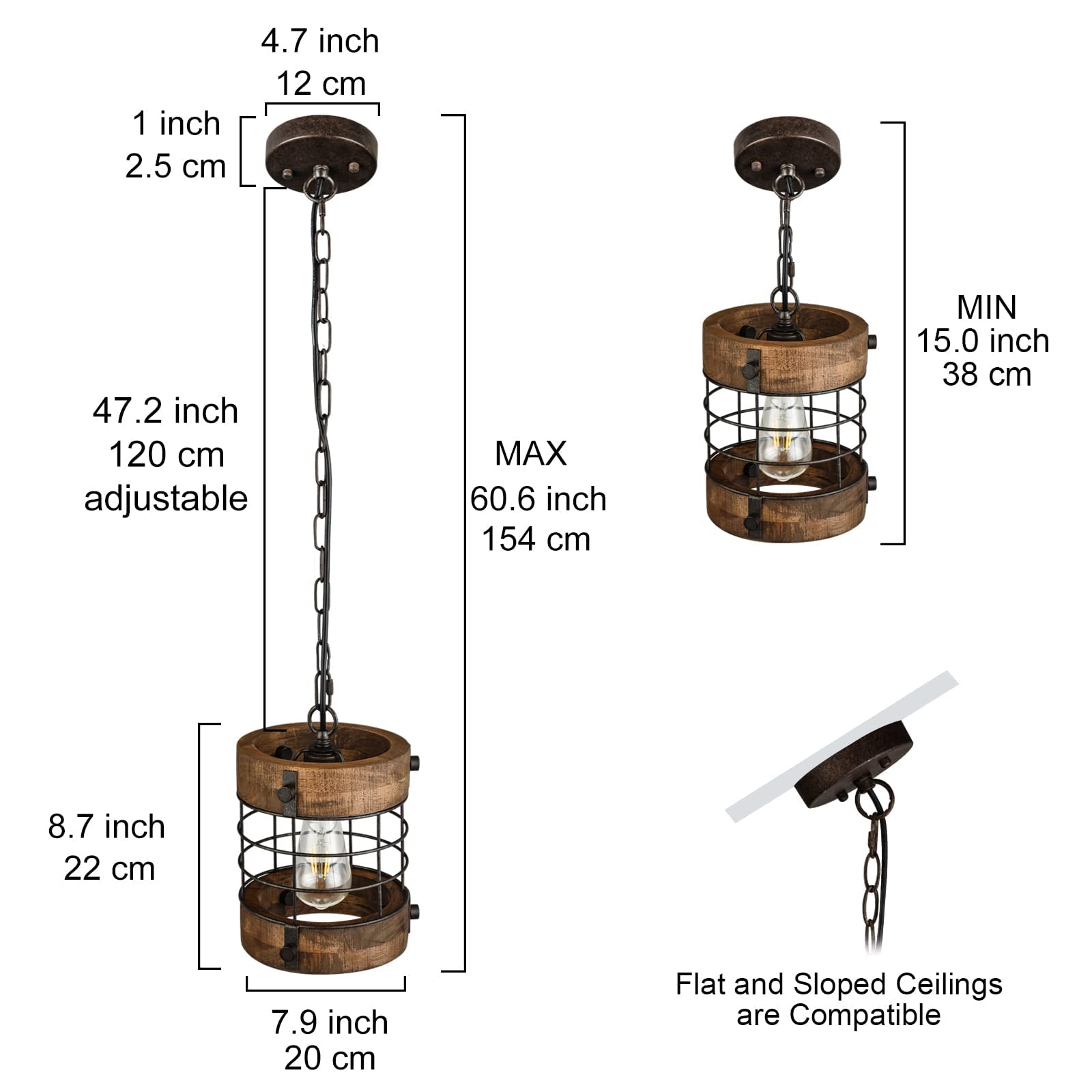 wochos Retro Industrial Metal and Wood Chandelier, 1-Light, Brown, 2 Pack, for Farmhouse Kitchen Island, Foyer, Dining Room, Bar