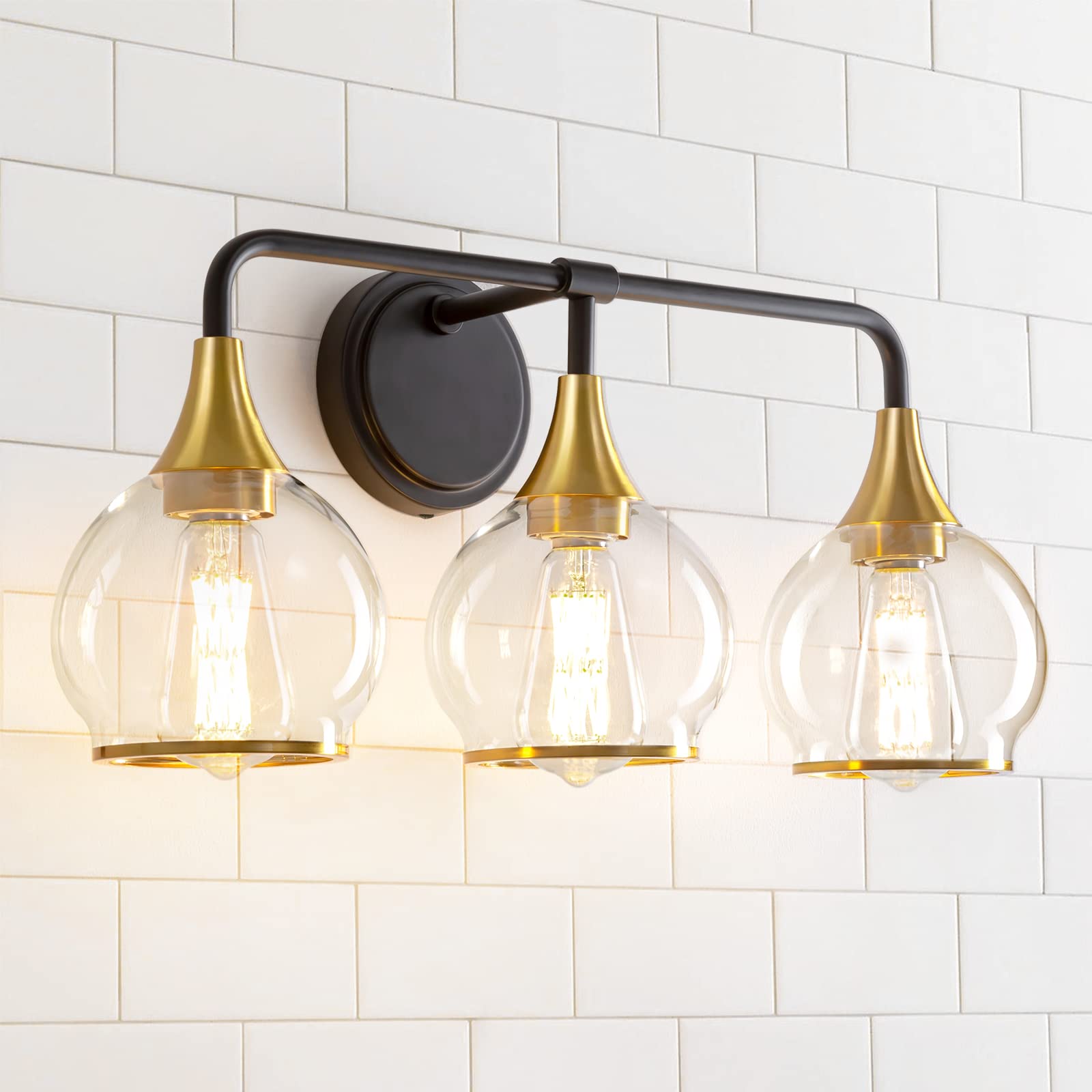 Hahzt Black And Gold Bathroom Vanity Light 3-Lights Bathroom Light Fixtures Over Mirror With Clear Glass Shade 22.4 Inch Wall Sc