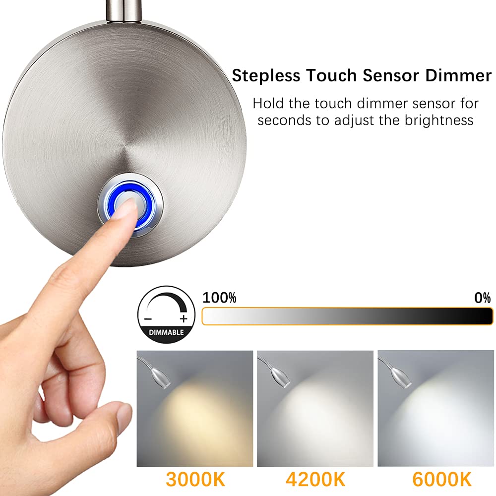Eurus Home LED Reading Lights, Wall Mount Lamp, Touch Dimmable, 3 Color Modes, 10 Brightness Levels, Brushed Nickel Finish, 2 Pack