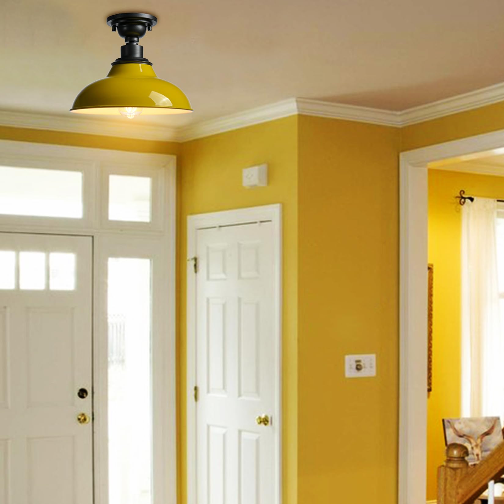 Samteen Industrial Semi Flush Mount Ceiling Light 1-Light Barn Light Fixture Ceiling 12-Inch Farmhouse Ceiling Light For Hallway Entryway Staircase Kitchen, Yellow Finish