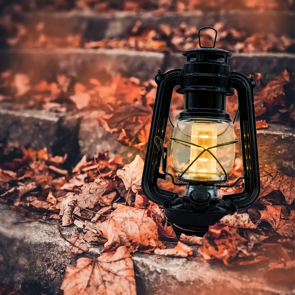 YAKii LED Vintage Lantern Metal Hanging Hurricane Lantern 12 LED Dimmer Switch Warm White Battery Operated Lantern Power Outage Indoor Camping Lighting Outdoor Brooklyn Lantern Decoration(Black)