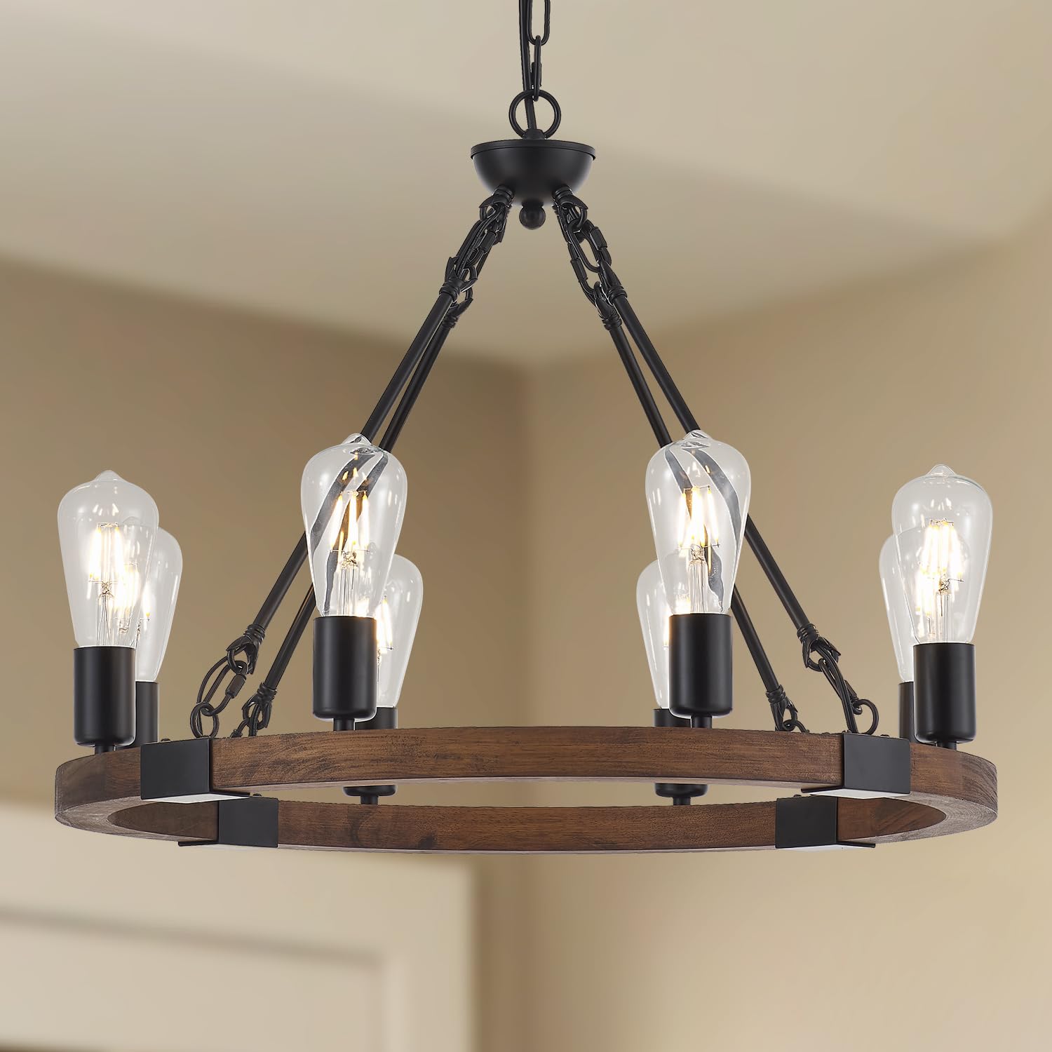 brfaixla 8 Lights 23.6'' Wooden Wagon Wheel Chandelier Farmhouse, Black Metal Ceiling Pendant Light Industrial Vintage Rustic Ro