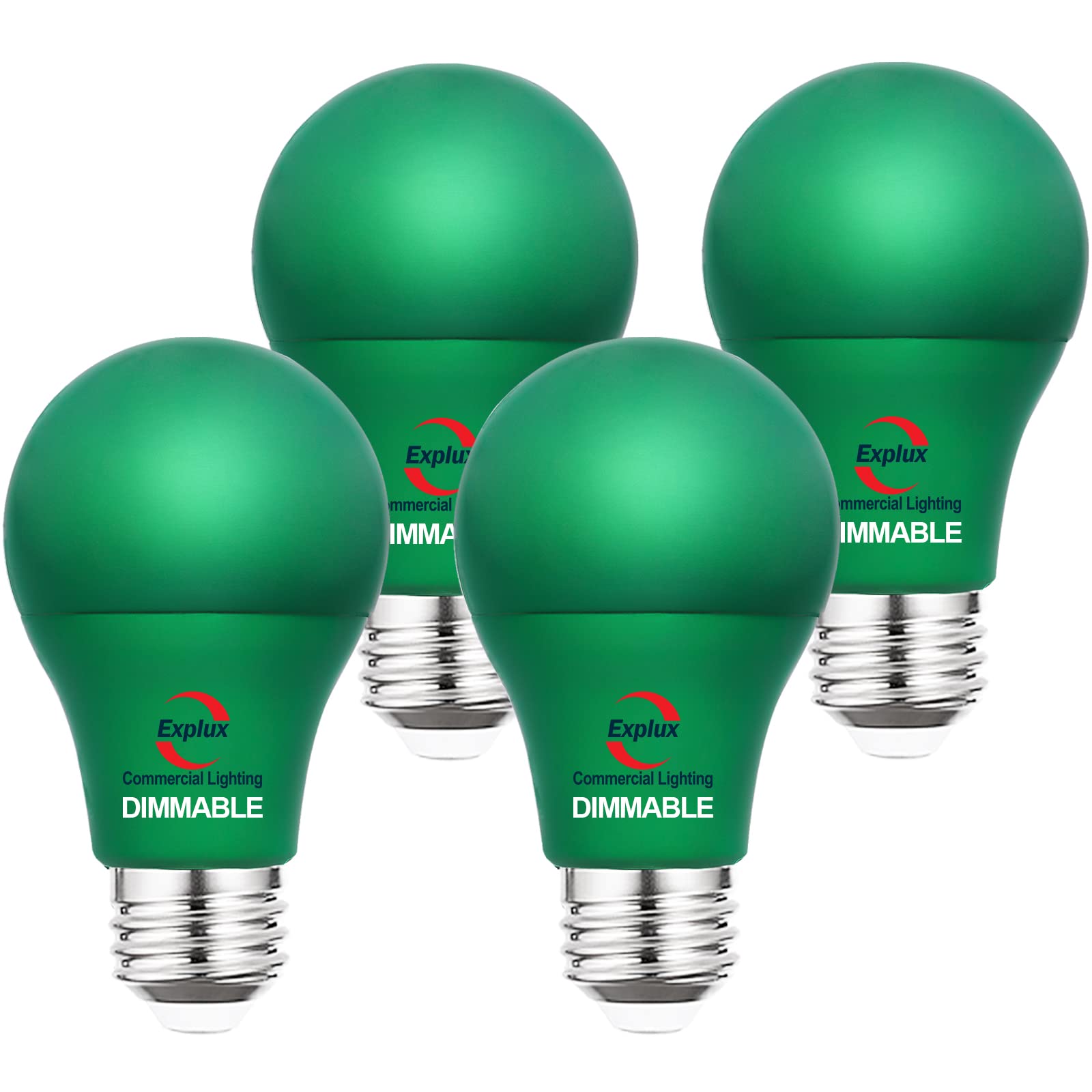 Explux Commercial Lighting Dimmable Led A19 Green Light Bulbs, 60W Equivalent, Direct Led Color Emission, 25000 Hours, 4-Pack