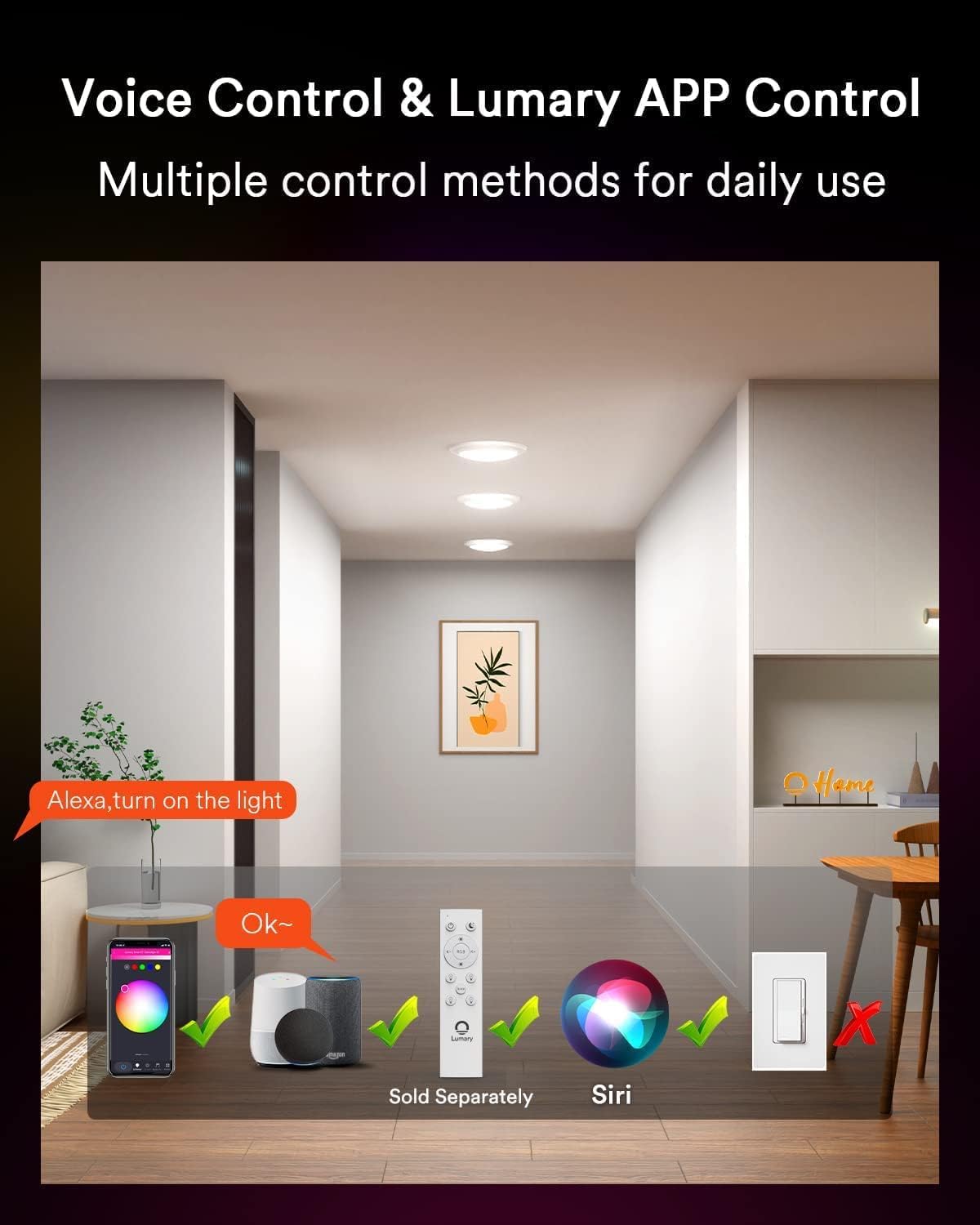 Lumary Smart Flush Mount Ceiling Light, 5/6 Inch RGBWW WiFi LED, Dimmable 2700-6500K, Metal, Model US-DS6B-1,