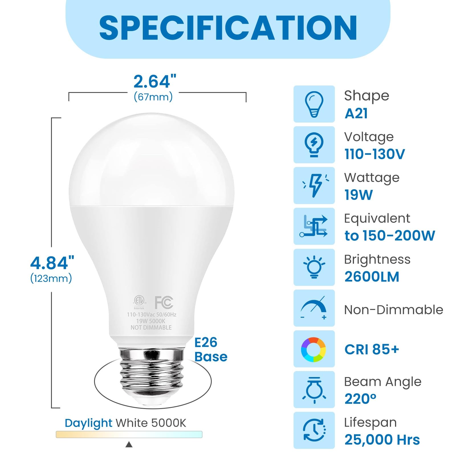 Qqlxst Super Bright Led Light Bulbs, 150 Watt Equivalent, 5000K Daylight White, 2600 High Lumen, E26 Base, Non-Dimmable, A21 19W