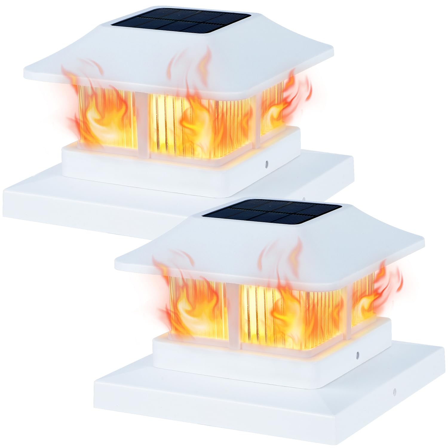 Dynaming Solar Flame Post Cap Lights Outdoor, Solar Powered White Shell Fence Post Light, Flickering Flame LED Lamps Waterproof 