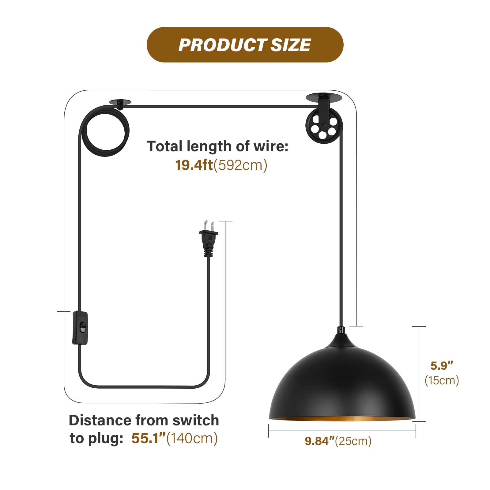 Kighsin Modern Plug In Pulley Black And Brass Domed Pendant Light With 19.4Ft Cord On/Off Switch, Retro Metal Barn Hanging Ceili
