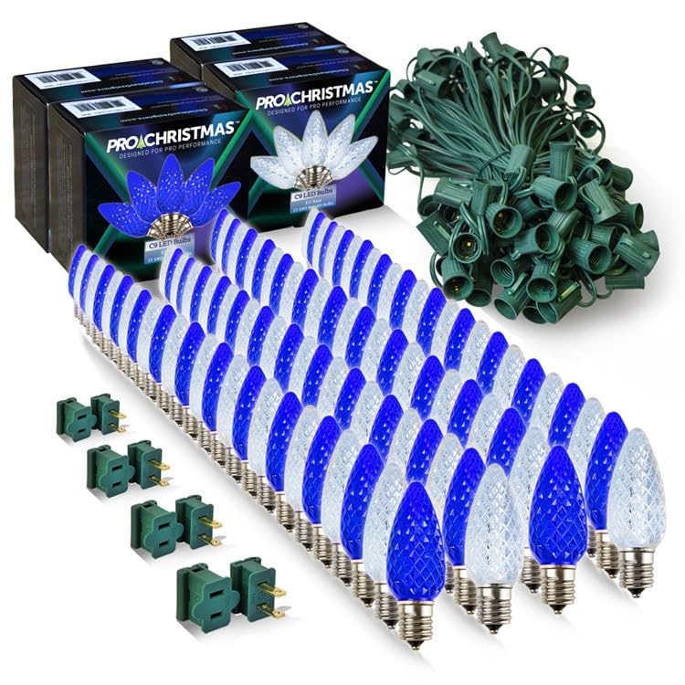 Pro Christmas C9 LED Christmas Light Kit for Rooflines & Pathways - DIY Cut to Length  Outdoor Commercial Grade (Green Wire w/Vampire Plugs  100 Bulbs  100 ft) Pure White and Blue