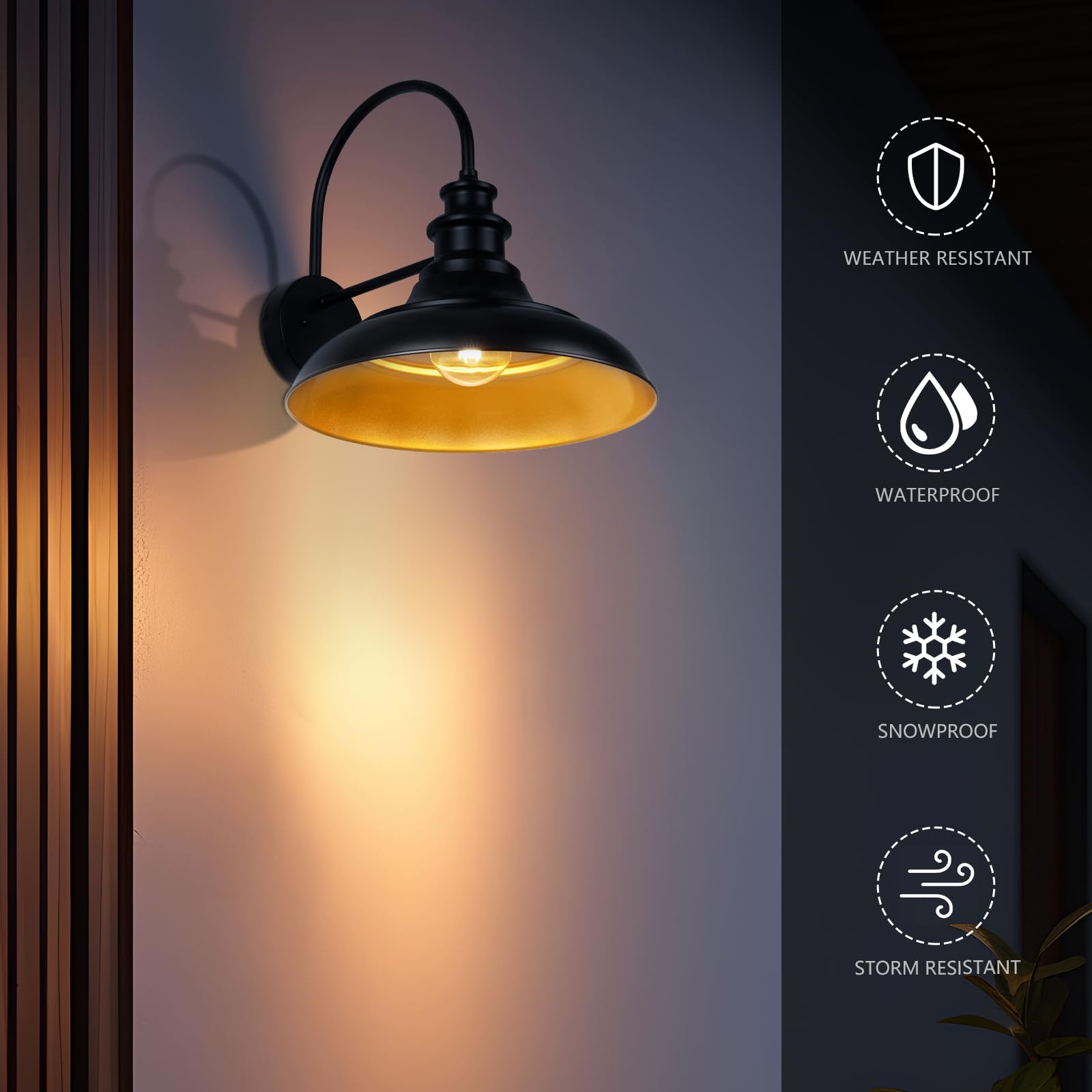 Diyel Outdoor Barn Light Fixture  16 Inch Large Dome Farmhouse Exterior Wall Mount Light  Rustic Wall Sconce Indoor Wall Lighting Fixture  Industrial Black Gold Lantern For Porch  1 Pack